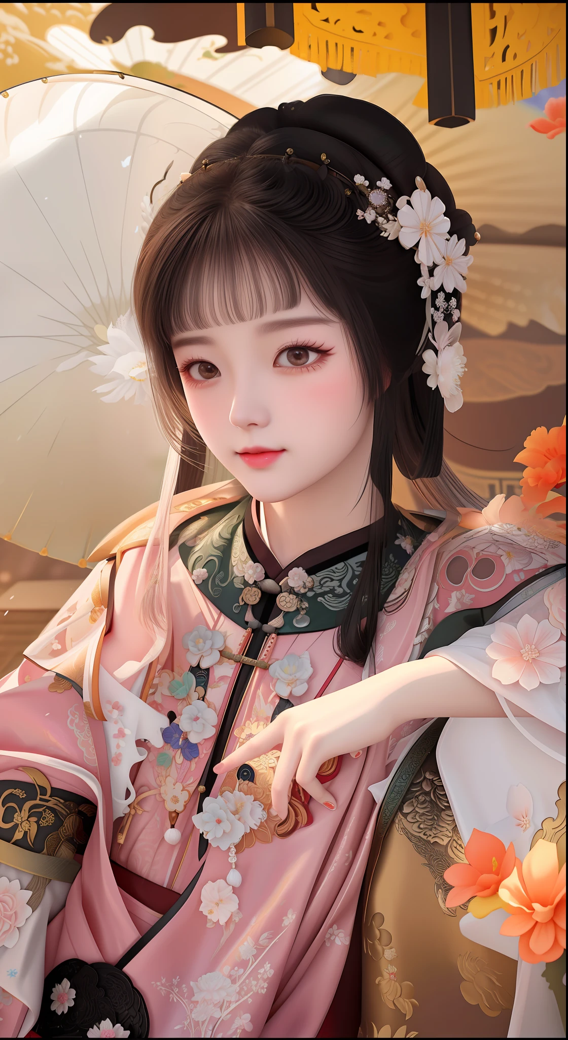 Original image, highest quality, real skin, with parasol and a flower umbrella, a portrait inspired by Huang Ji, popular in CG society, rococo, hanfu, palace, hanfu girl, white hanfu, wearing ancient Chinese clothing, traditional beauty, with ancient Chinese costume, beautiful rendering of the Tang dynasty, Chinese style, ancient Chinese princess