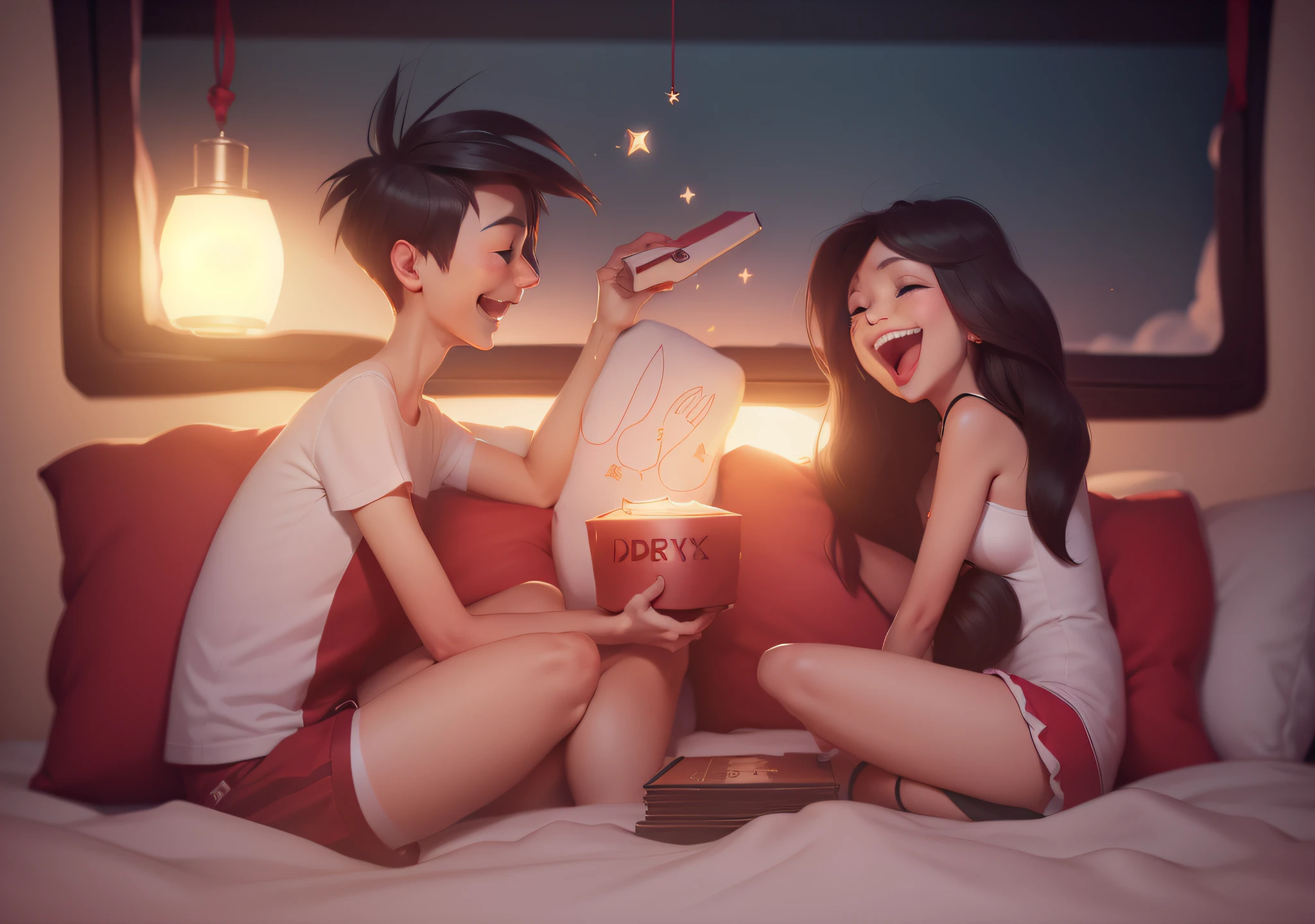 Couples, sharing gifts in bed and smiling happily --auto --s2