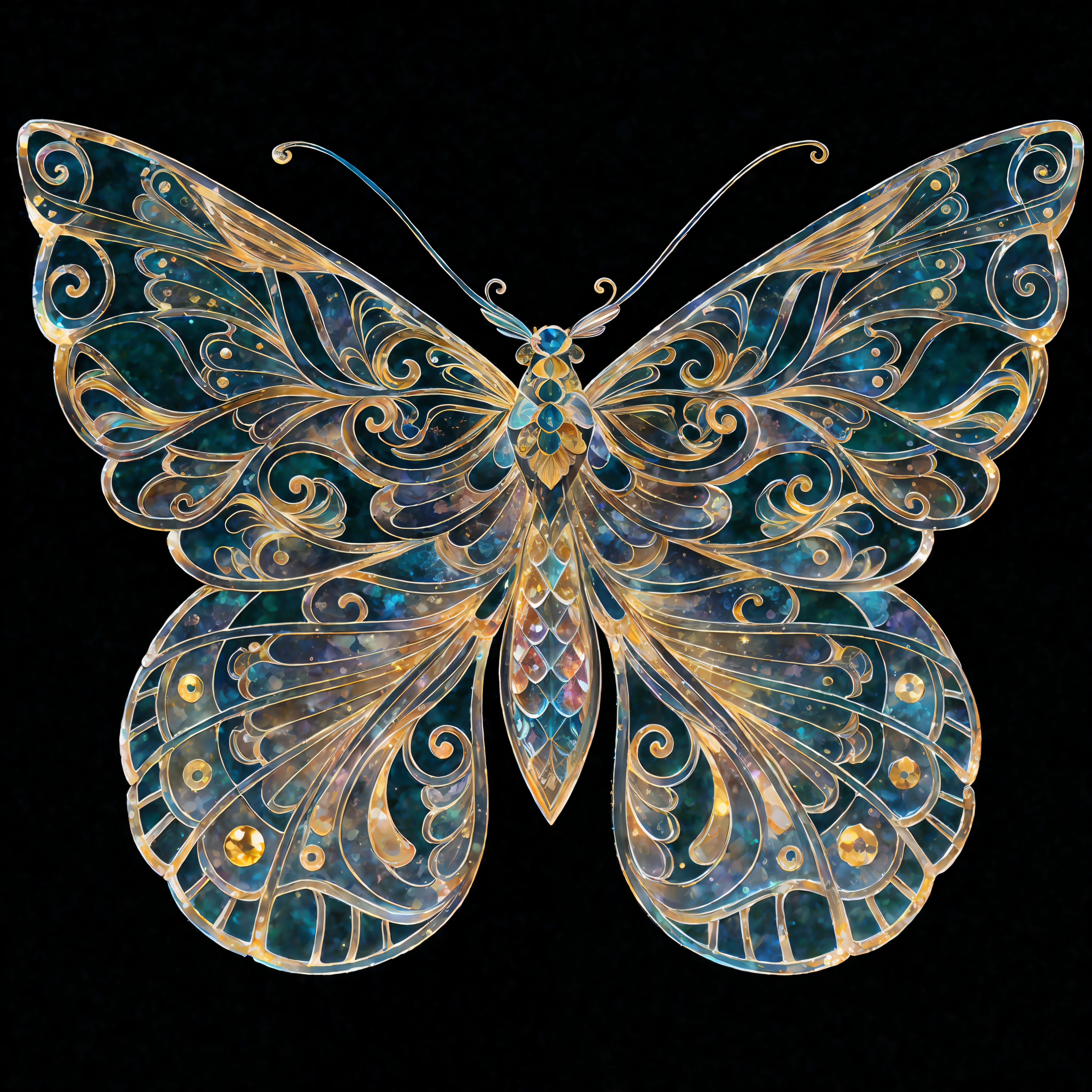 Rainbow color, flying insect, scale, wing, blue, texture, complex, gorgeous, shadow, light pastel color, highly detailed, decorative style, Tim Burton, Dale Chihuli, Xiaolongcheng, Cyril Rolando, author hour gigue, bright gold, rainbow gold leaf, gold dust, sparkle, diamond, crystal, rainbow, gold dust, gold leaf, bright gold, universe, milky way, starry sky, traditional Chinese color scheme, traditional Chinese pattern, treasure phase flower, William Morris