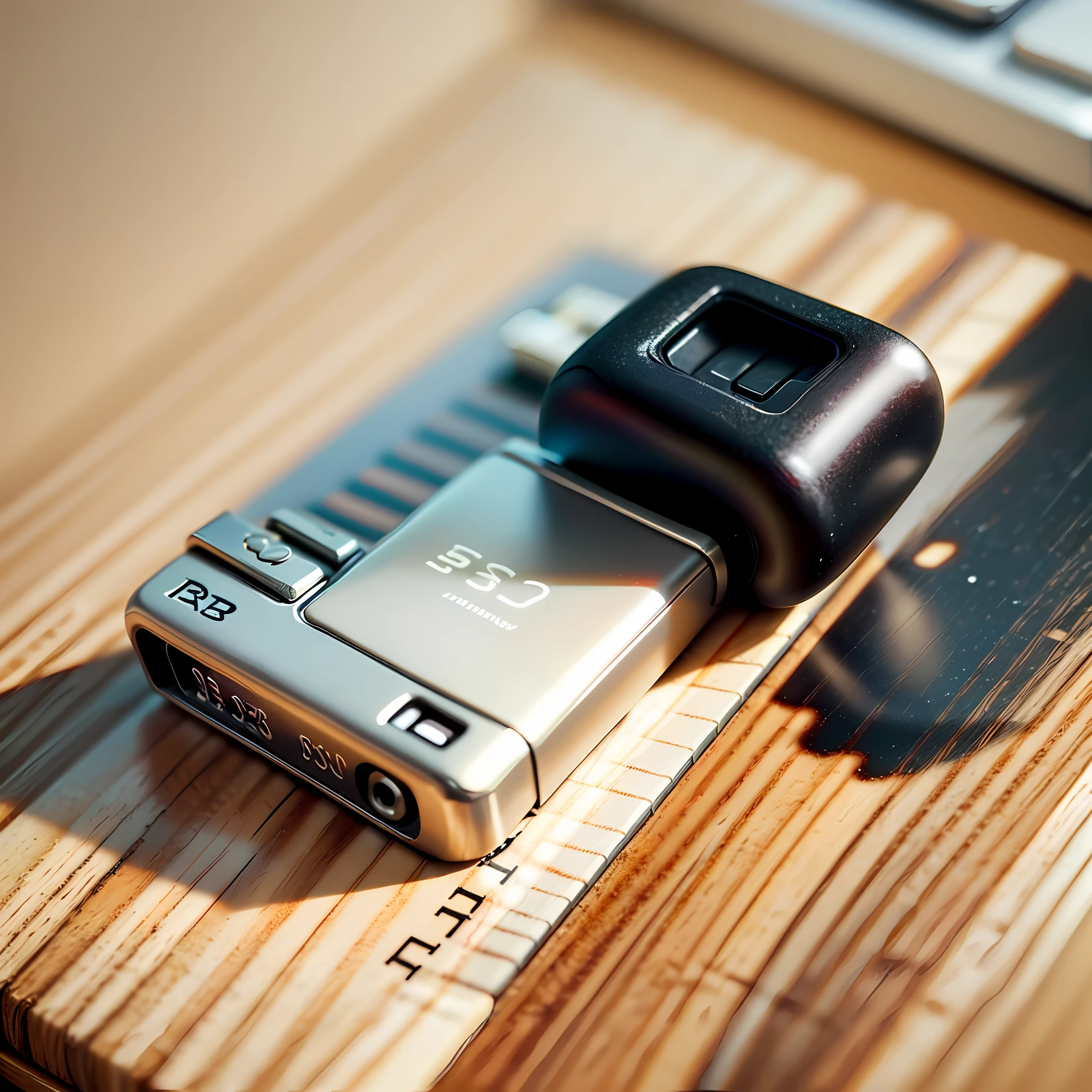 A USB flash drive on the table, give a close-up of the USB drive, with a little small decoration commonly used on the table around it, the overall bright style