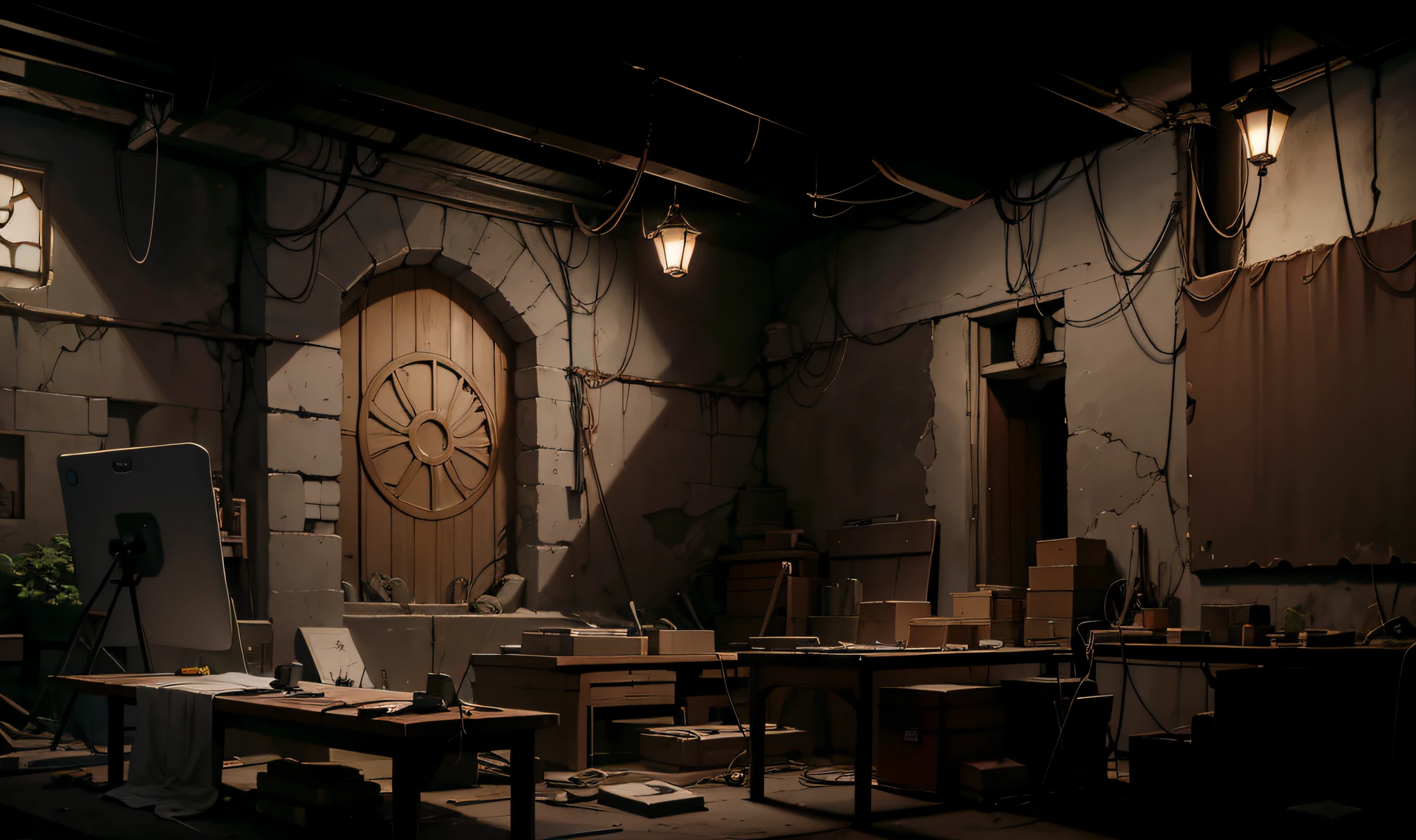 Anime screenshot backgrounds Underground workshops in medieval Europe in the 900s Windowless basement Rock wall basement Basement with stagnant atmosphere Basement lined with drawing boards Basement with crumbling walls Uninhabited basement cluttered with things Basement with flies flying around the lights Abandoned basement Fine line art Anime of the 2020s