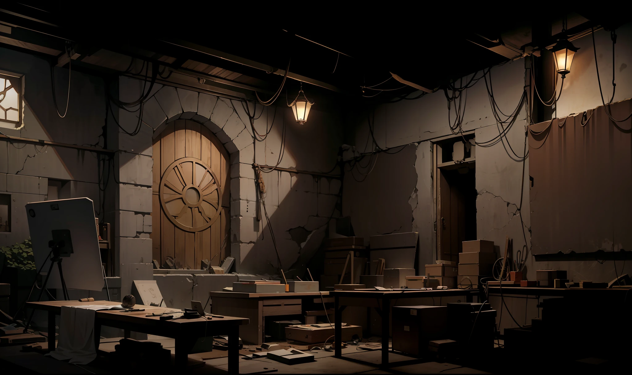 Anime screenshot backgrounds Underground workshops in medieval Europe in the 900s Windowless basement Rock wall basement Basement with stagnant atmosphere Basement lined with drawing boards Basement with crumbling walls Uninhabited basement cluttered with things Basement with flies flying around the lights Abandoned basement Fine line art Anime of the 2020s