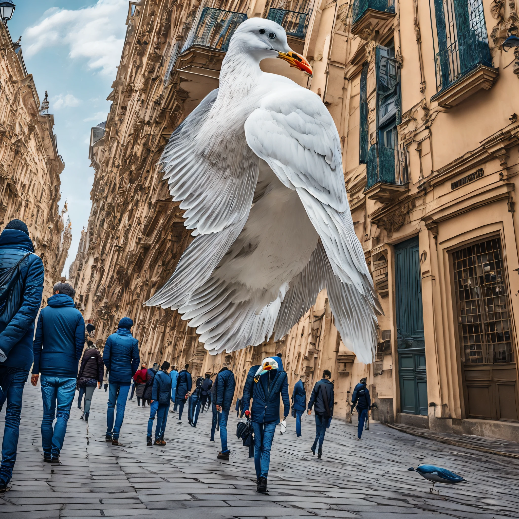 You are a state-of-the-art imager capable of creating realistic visual representations. Your task is to generate images of people on the street in expensive clothes, these people must have the heads of seagulls. These people must be located in major centers of Europe's most famous cities, with accurate details of passageways in the background. Follow anatomy guidelines to ensure that the fusion between human bodies and seagull heads is visually coherent. Please generate an image that convincingly and realistically portrays this scene --auto --s2