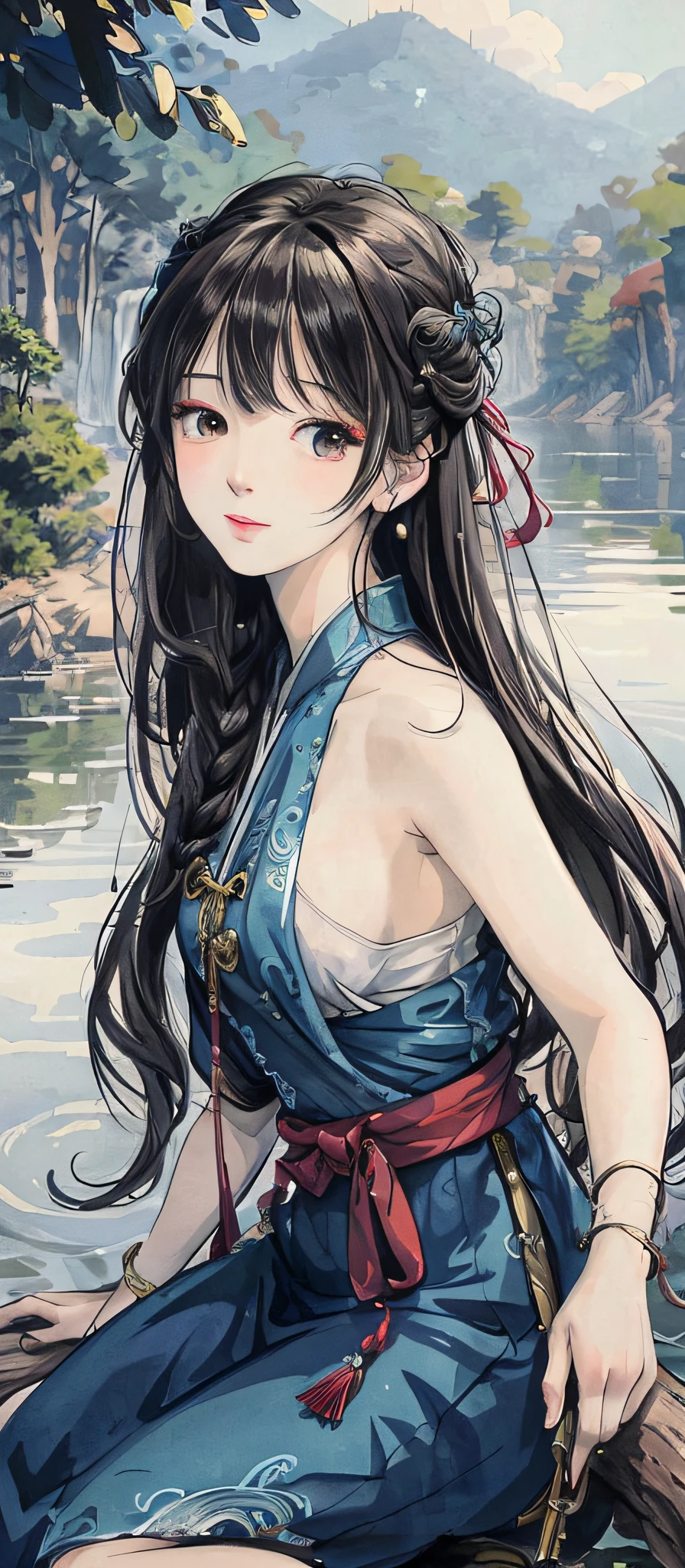 anime girl sitting on a log by the water, beautiful character painting, highly detailed exquisite fanart, beautiful anime portrait, artwork in the style of guweiz, painted in anime painter studio, digital anime illustration, detailed portrait of anime girl, detailed digital anime art, guweiz, clean detailed anime art, alice x. zhang, beautiful anime girl, beautiful anime artwork