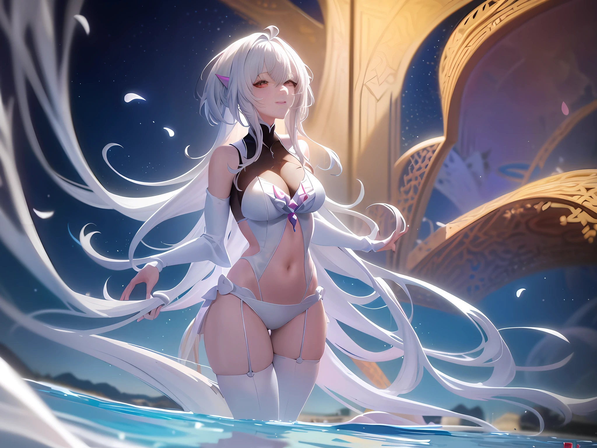 anime girl in white bikini standing in water with long white hair, guweiz on pixiv artstation, guweiz on artstation pixiv, anime art wallpaper 8 k, beautiful anime artwork, anime art wallpaper 4k, anime art wallpaper 4 k, trending on artstation pixiv, white haired deity, beautiful anime art, nightcore, guweiz