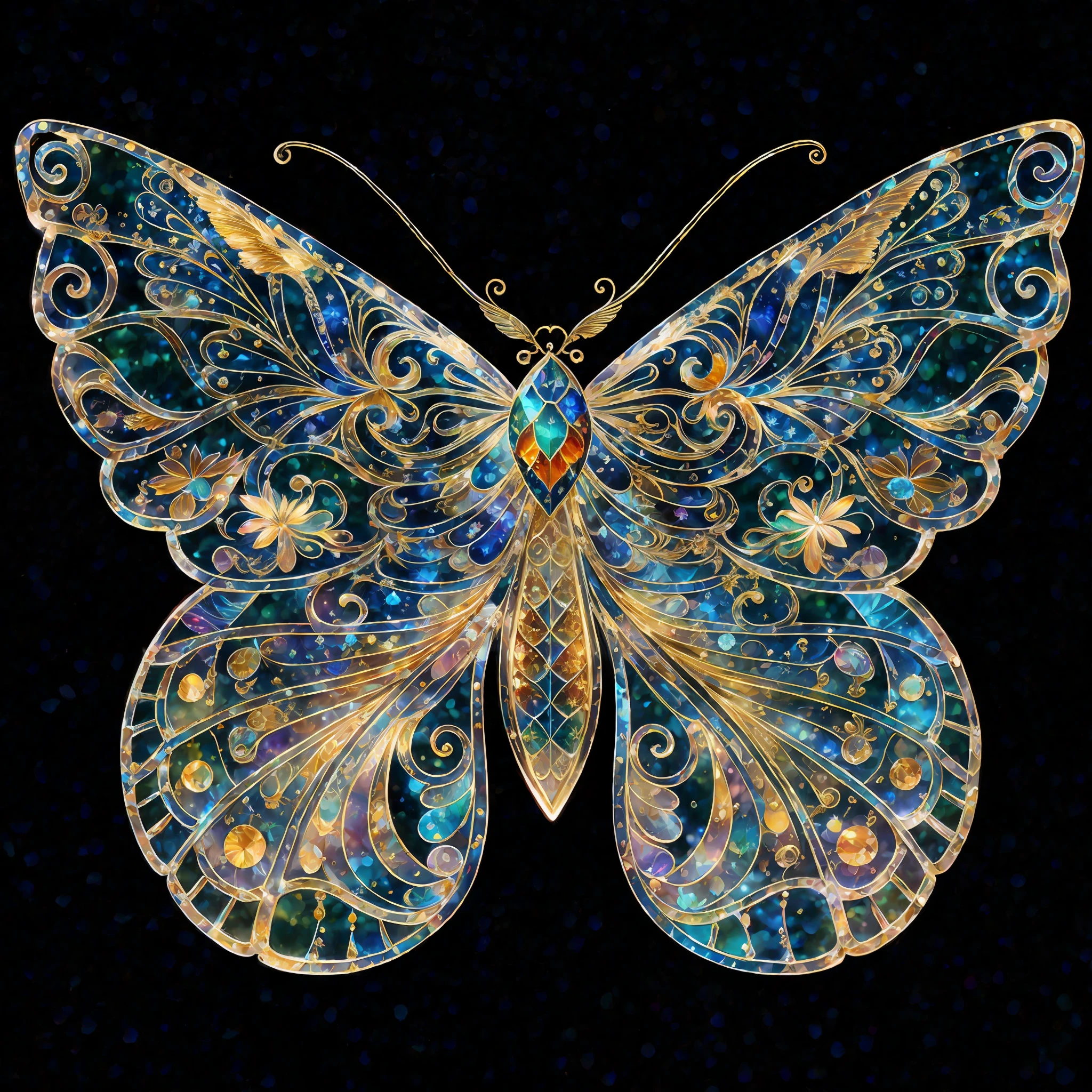 Rainbow color, flying insect, scale, wing, blue, texture, complex, gorgeous, shadow, light pastel color, highly detailed, decorative style, Tim Burton, Dale Chihuli, Xiaolongcheng, Cyril Rolando, author hour gigue, bright gold, rainbow gold leaf, gold dust, sparkle, diamond, crystal, rainbow, gold dust, gold leaf, bright gold, universe, milky way, starry sky, traditional Chinese color scheme, traditional Chinese pattern, treasure phase flower, William Morris