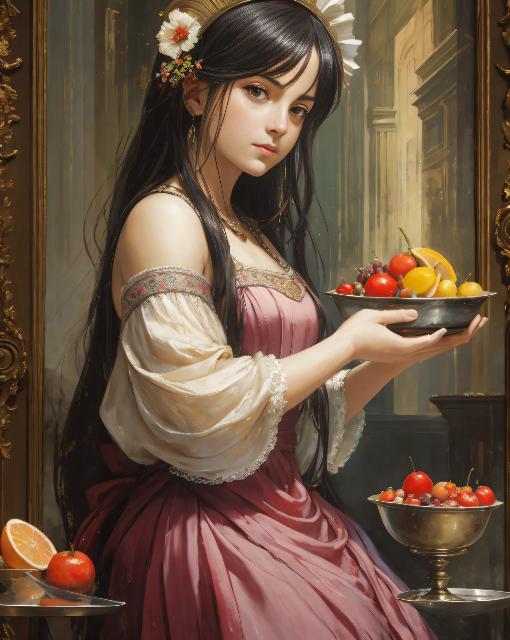 a young ram, “a girl with fruit on a tray” (in the style of Titian, depicted in oils on canvas), a beautiful woman is depicted holding a silver tray with multi-colored fruits in her hands, the background is in gloomy colors, dressed in a pale pink dress and a wig, stunning, highly detailed, 8k, ornate, intricate, cinematic, dehazed, atmospheric, (oil painting:0.75), (splash art:0.75),(teal:0.2),(orange:0.2), (by Jeremy Mann:0.5), (by John Constable:0.1),(by El Greco:0.5),(acrylic paint:0.75), 8k