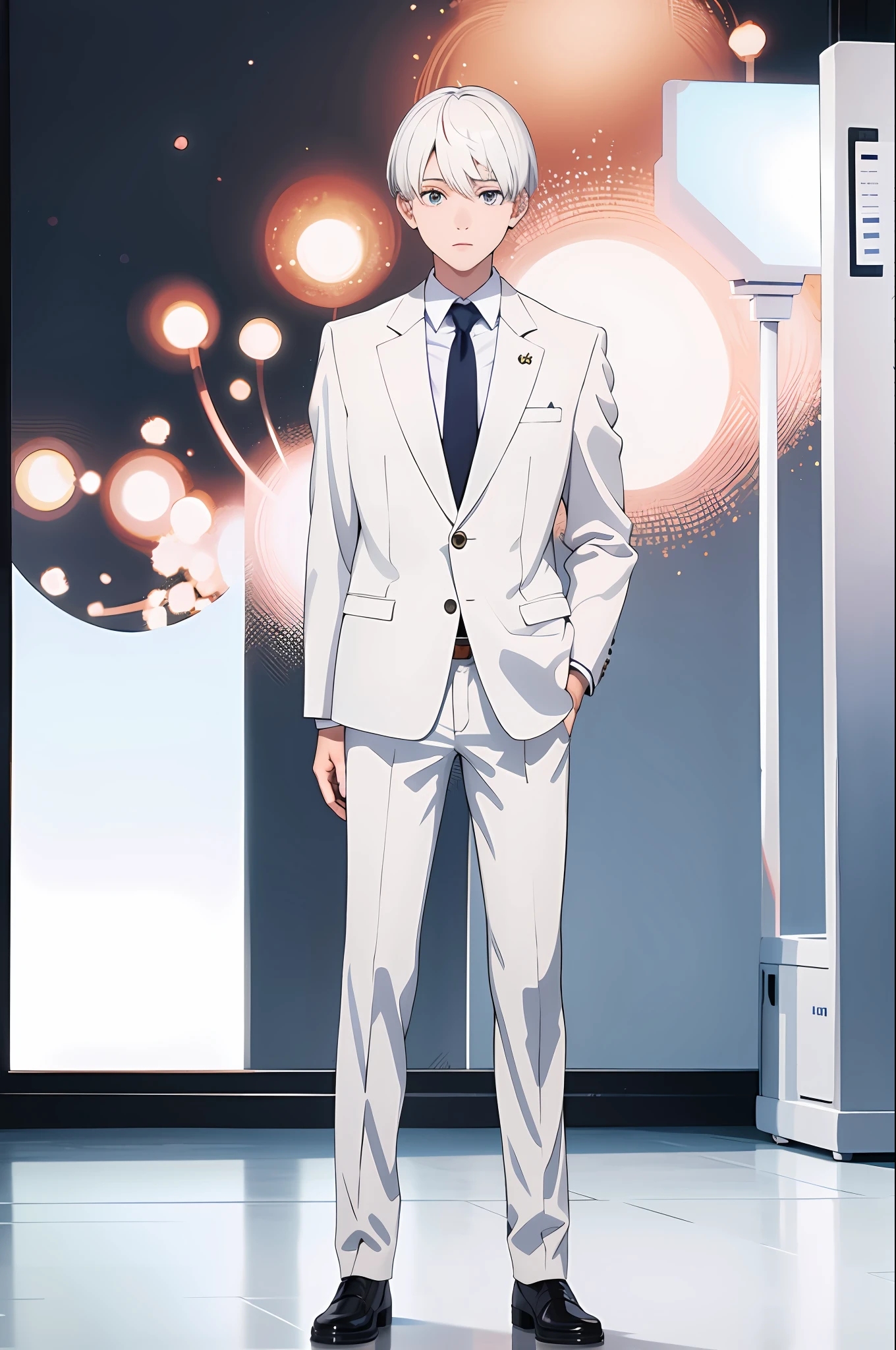 Masterpiece, best quality, 1 boy, standing, full body, bliss, soft, ultra clear, hd image, (front), (white background)), light white hair, short hair, blazer
