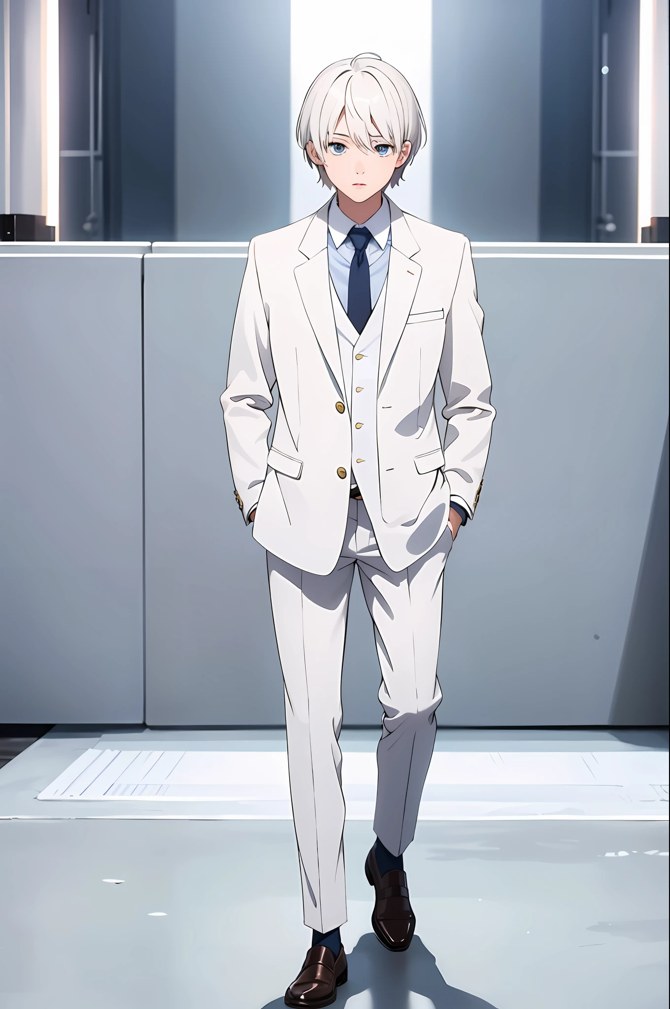 Masterpiece, best quality, 1 boy, standing, full body, bliss, soft, ultra clear, hd image, (front), (white background)), light white hair, short hair, school uniform blazer