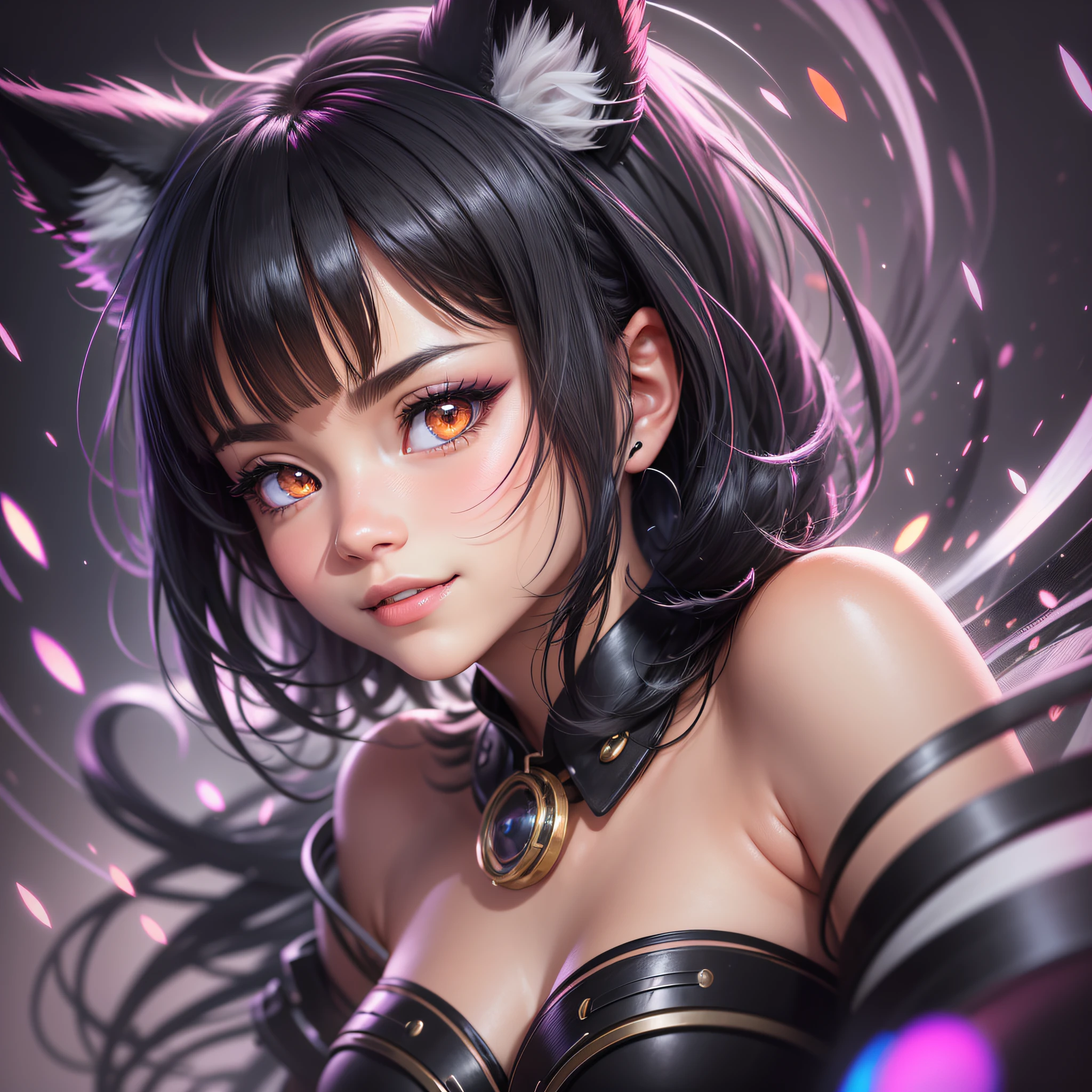 black hair, hair bobbles, wince, longeyelashes, solid circle eyes, fake animal ears, light smile, ear blush, fang, Surrealism, drop shadow, anaglyph, stereogram, tachi-e, pov, atmospheric perspective, blurry, glowing light, chromatic aberration abuse, film grain, motion lines, 8k, super detail, ccurate, best quality, high details, highres, 1080P, HD, anatomically correct, retina, masterpiece --auto --s2