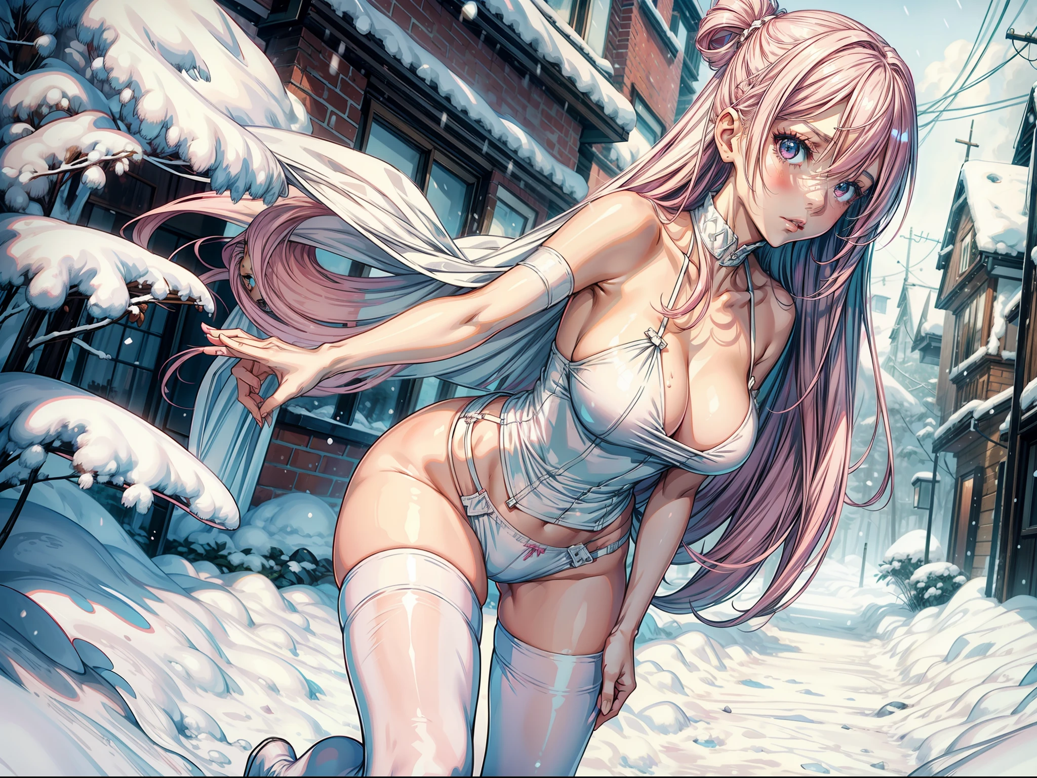 1girl. intense gaze, beautiful face, pink haired, skinny, goth, standing in the snow, wearing white pantyhose and white sheer tube top, perky boobs, long legs