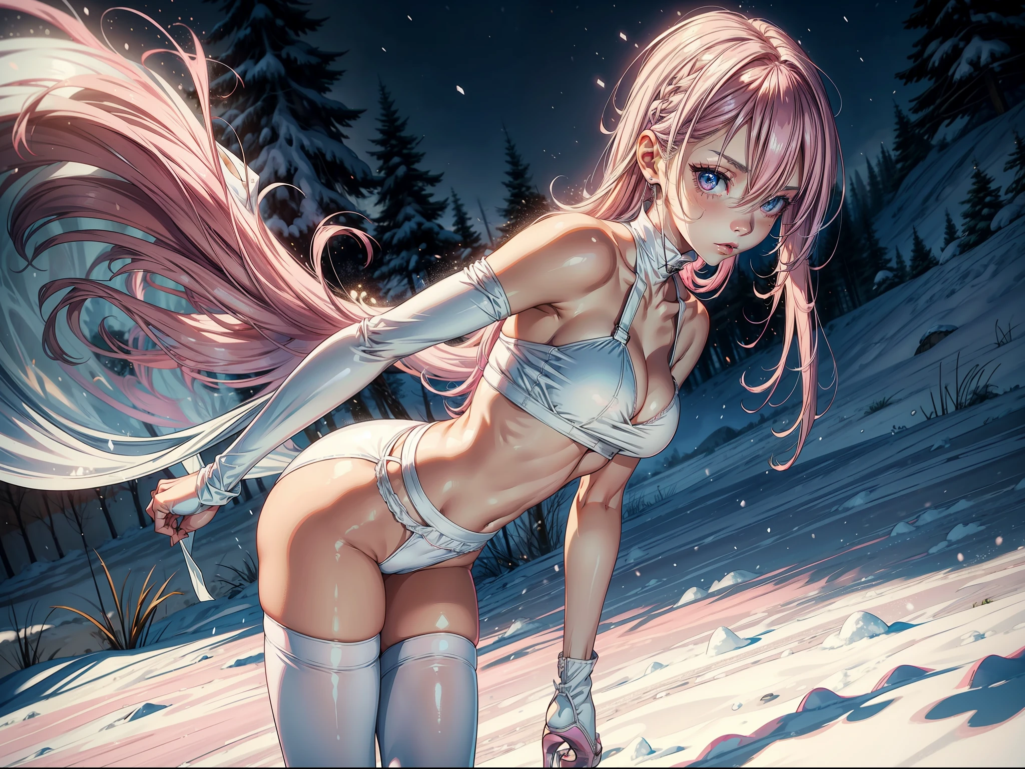 1girl. intense gaze, beautiful face, pink haired, skinny, goth, standing in the snow, wearing white pantyhose and white sheer tube top, perky boobs, long legs