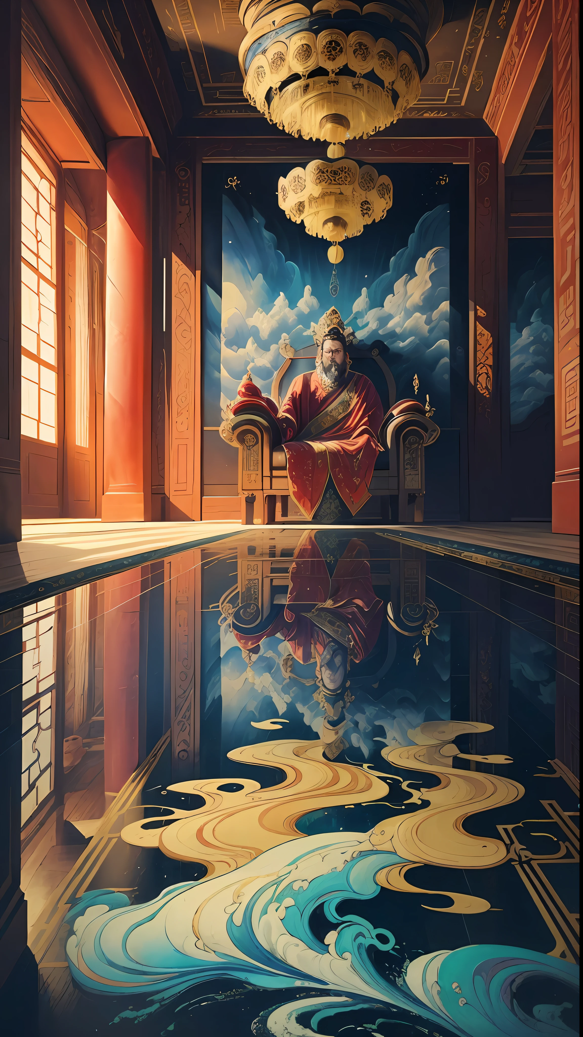 In the real scene, the ancient Chinese palace is located above the clouds, in the main hall of the royal palace, the emperor is sitting on the throne, wearing a luxurious ancient costume with a majestic face. Majestic, glazed tiles, colorful light, ((color ink)), ((splashed ink)), ((splashed ink}), masterpiece, high quality, exquisite graphics, high detail: