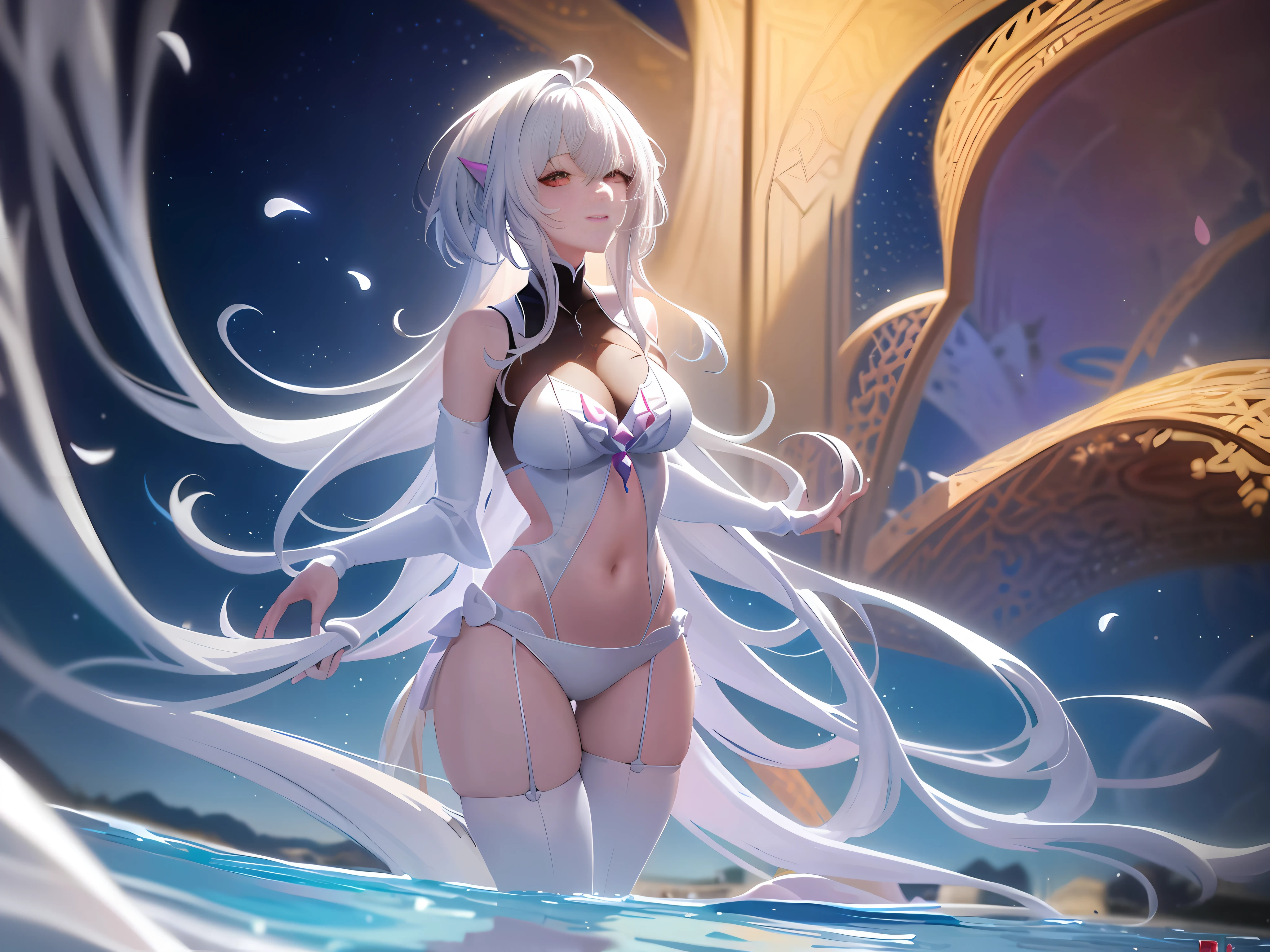 anime girl in white bikini standing in water with long white hair, guweiz on pixiv artstation, guweiz on artstation pixiv, anime art wallpaper 8 k, beautiful anime artwork, anime art wallpaper 4k, anime art wallpaper 4 k, trending on artstation pixiv, white haired deity, beautiful anime art, nightcore, guweiz