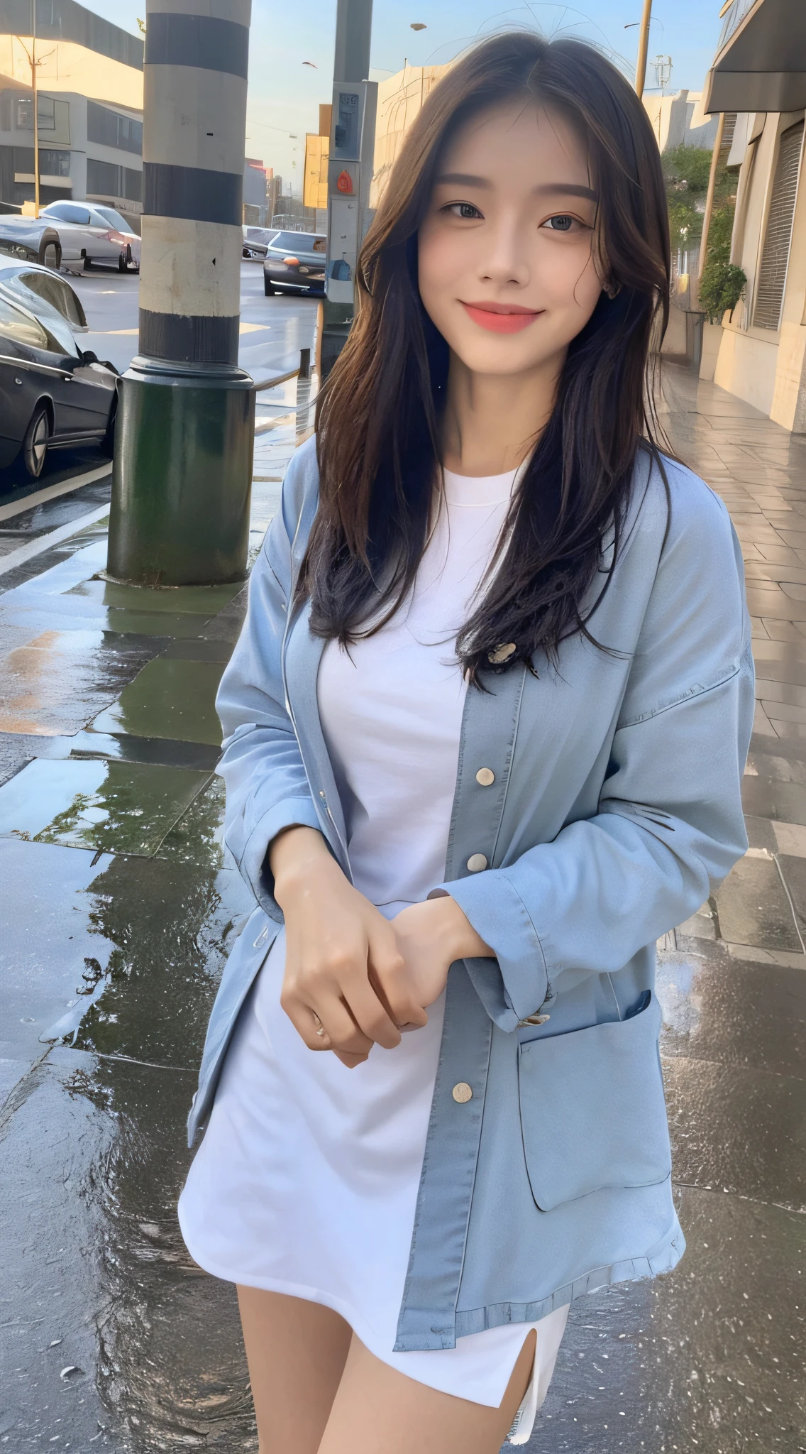 ((Best Quality, 8K, Masterpiece: 1.3)), Focus: 1.2, Perfect Body Beauty: 1.4, Buttocks: 1.2, (Layered Haircut, Breasts: 1.2)), (Wet Clothes: 1.1) , (Rain, Street:1.3), Highly Detailed Face and Skin Texture, Fine Eyes, Double Eyelids, Whitened Skin, Long Hair, (Shut Up: 1.3), Smile, OL, White Shirt, Short Skirt