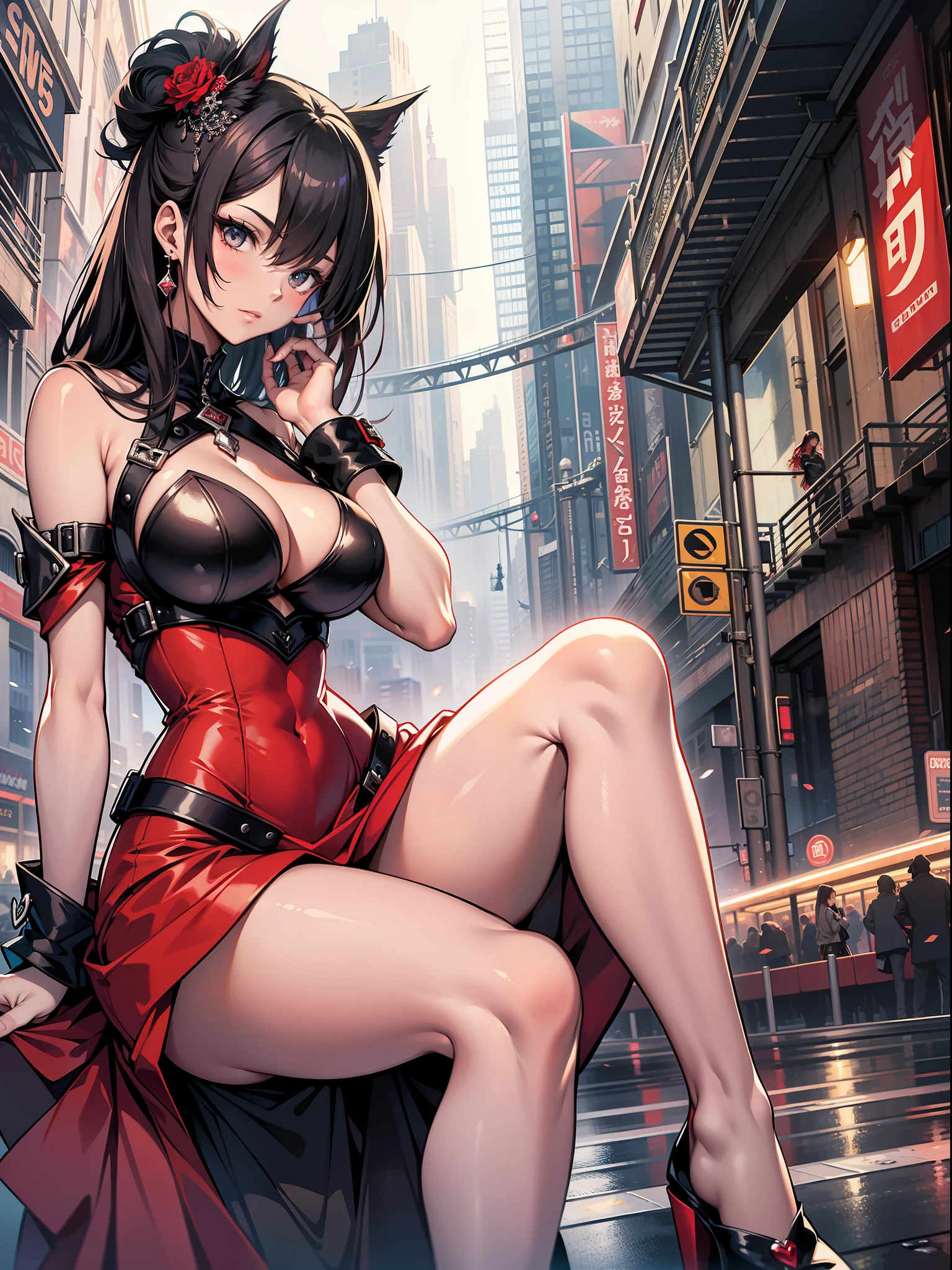 best quality, masterpiece, beautiful fantastical city scape, 1 girl solo, red dress, elegant sexy, femme fatale, long legs, sexy figure