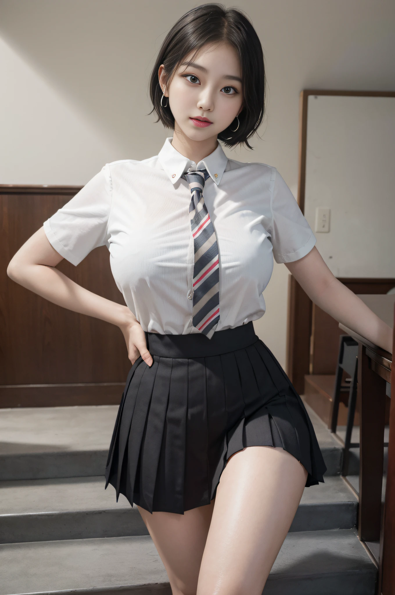 Korean School Uniform, Summer School Uniform Shirt, Ribbon Tie, Skirt, School Classroom, School Stairs, Chest Thrusting Pose, Breast Showing Pose, 8K RAW Photo, High Resolution, 16 Years Old Cool Korean, Very Big Round Breasts, Beautiful Eyes in Detail, Long Eyelashes, Beautiful Double Eyelids, Eyeshadow, Eyeliner, Cut Eyes, Elongated Eye Shape, Sanpaku Eyes, Evil Smile, Evil Expression, Beautiful very thin legs, beautiful very thin thighs, random short hair, hair tied behind the head, earrings, bright blonde, gray eyes