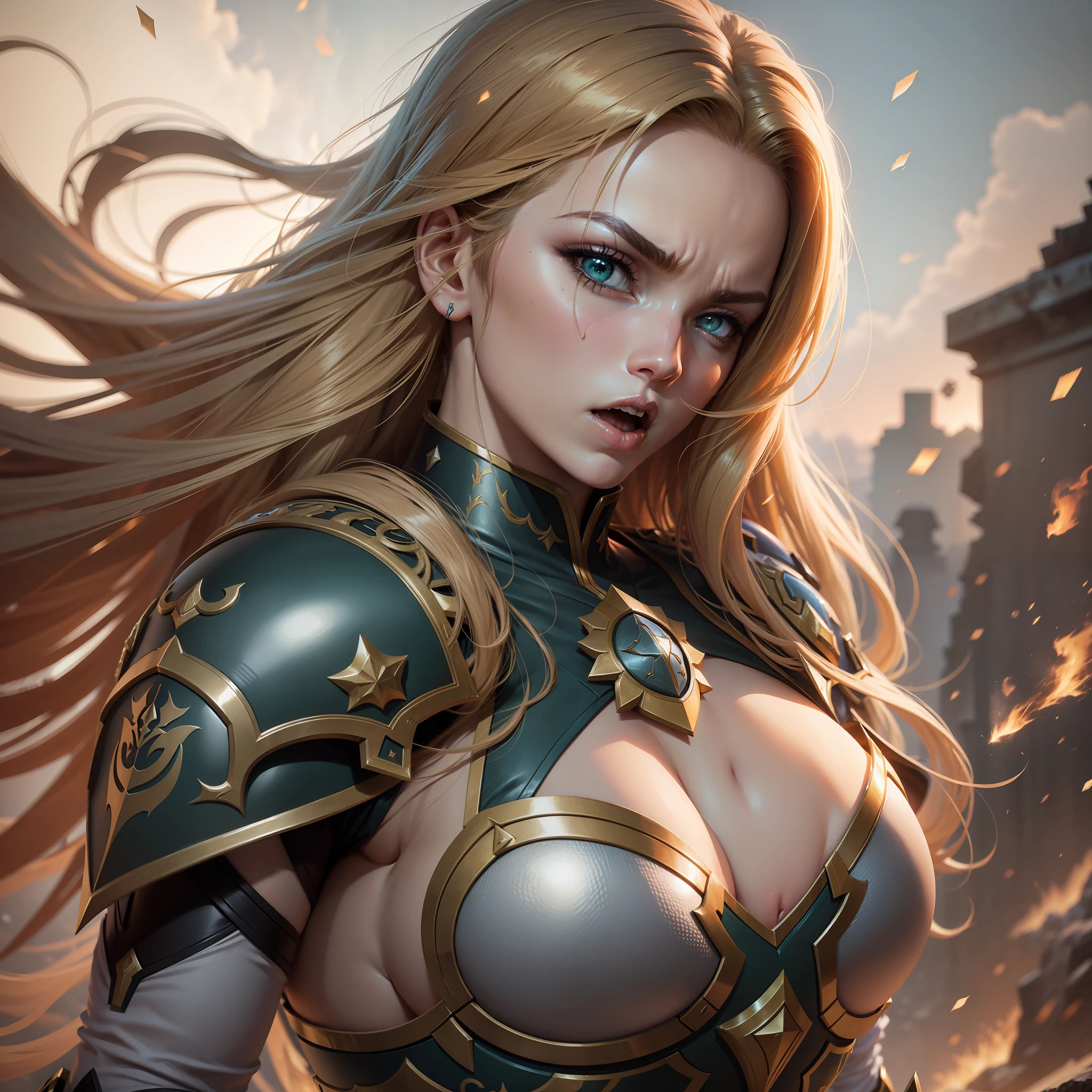 league of legends game, Leona, in the middle of a battle, shining armor, detailed body, expression of anger, perfect hair, defending a blow with the shield, war scenario, professional photography, fantasy