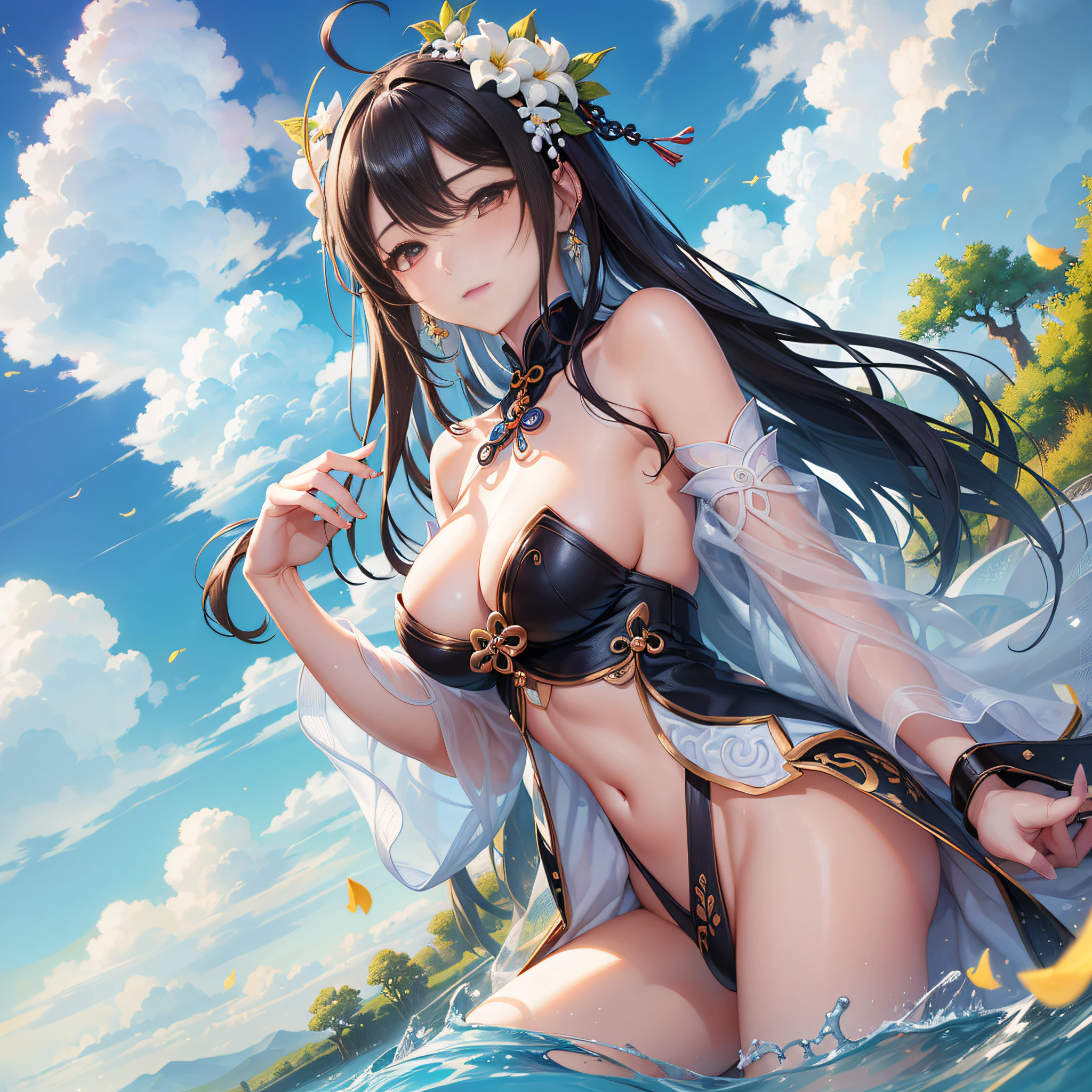 (The main body of the picture: a female cultivator), (the main body emphasis: refreshing), (picture scene details: white clouds fluttering, colorful auspicious clouds surrounding, white and flawless wonderland). (embedding tag: Xiuxian, Wonderland Landscape)