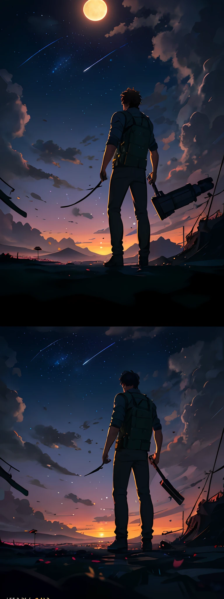 expansive landscape photography, (a view from below showing the sky above and the open field below), a Boy standing in a field of flowers looking up, (full moon: 1.2), (shooting stars: 0.9), (nebula: 1.3), distant mountain, tree BREAK production art, (hot light source: 1.2), (Firefly: 1.2), lamp, very purple and orange, complex details, volumetric lighting, realism BREAK (masterpiece: 1.2), (best quality), 4k, ultra-detailed, (dynamic composition: 1.4), highly detailed, colorful details, (iridescent colors: 1.2), (bright lighting, atmospheric lighting), dreamy, magical, (solo: 1.2)
