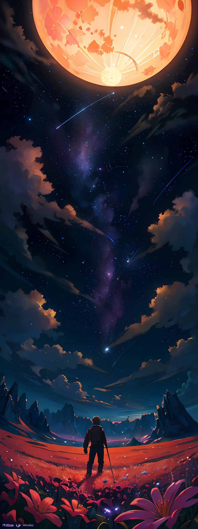 expansive landscape photography, (a view from below showing the sky above and the open field below), a Boy standing in a field of flowers looking up, (full moon: 1.2), (shooting stars: 0.9), (nebula: 1.3), distant mountain, tree BREAK production art, (hot light source: 1.2), (Firefly: 1.2), lamp, very purple and orange,  complex details, volumetric lighting, realism BREAK (masterpiece: 1.2), (best quality), 4k, ultra-detailed, (dynamic composition: 1.4), highly detailed, colorful details, (iridescent colors: 1.2), (bright lighting, atmospheric lighting), dreamy, magical, (solo: 1.2)