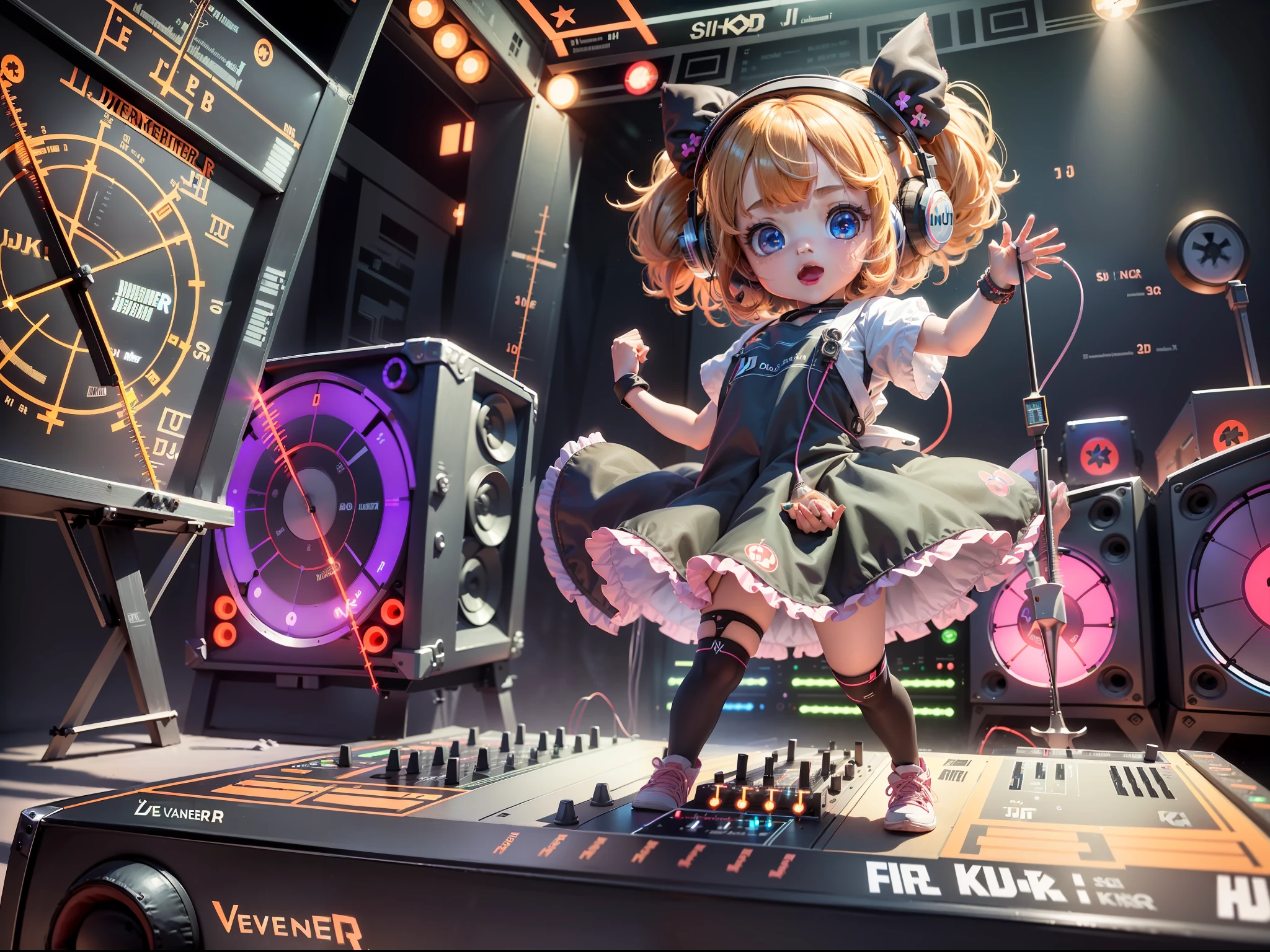 ((best quality)), ((ultradetailed)), ((masterpiece)), Super cute girl's full body, 1girl, (she stands behind the DJ console with one hand raised up and the other controlling the vernier:1.8), pretty eyes, big eyes, cute, happy, laser show and lighting devices at background, chibi, fluorescent translucent, glowing body, kawaii, expression pose, Pixar, intricate detail, high detail, 8k, studio lighting, loli, petite, child, chibi , character SD:1.1, 4K