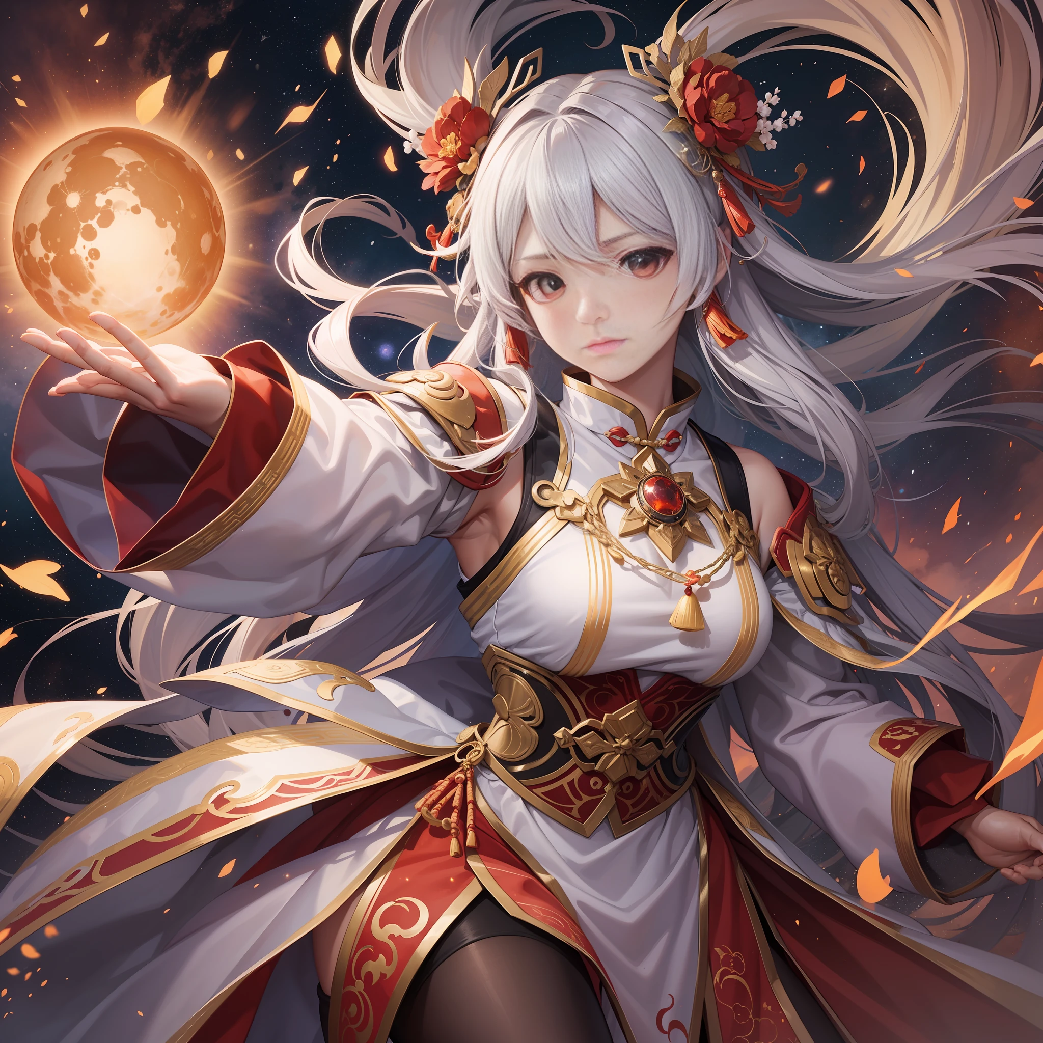 Female, with the cosmic starry sky in the background, wearing a red and white battle dress, integrating elements of Chinese style, still and moving in temperament, moving and static, as if there is a solemn and distant atmosphere.