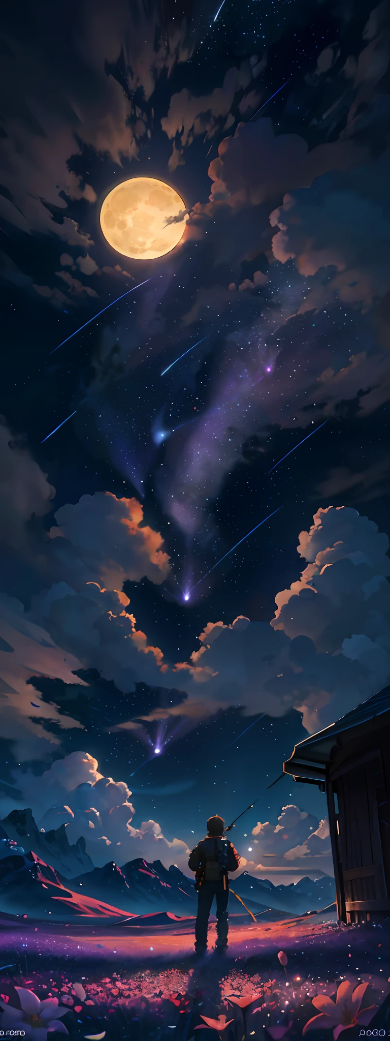 expansive landscape photography, (a view from below showing the sky above and the open field below), a Boy standing in a field of flowers looking up, (full moon: 1.2), (shooting stars: 0.9), (nebula: 1.3), distant mountain, tree BREAK production art, (hot light source: 1.2), (Firefly: 1.2), lamp, very purple and orange, complex details, volumetric lighting, realism BREAK (masterpiece: 1.2), (best quality), 4k, ultra-detailed, (dynamic composition: 1.4), highly detailed, colorful details, (iridescent colors: 1.2), (bright lighting, atmospheric lighting), dreamy, magical, (solo: 1.2)
