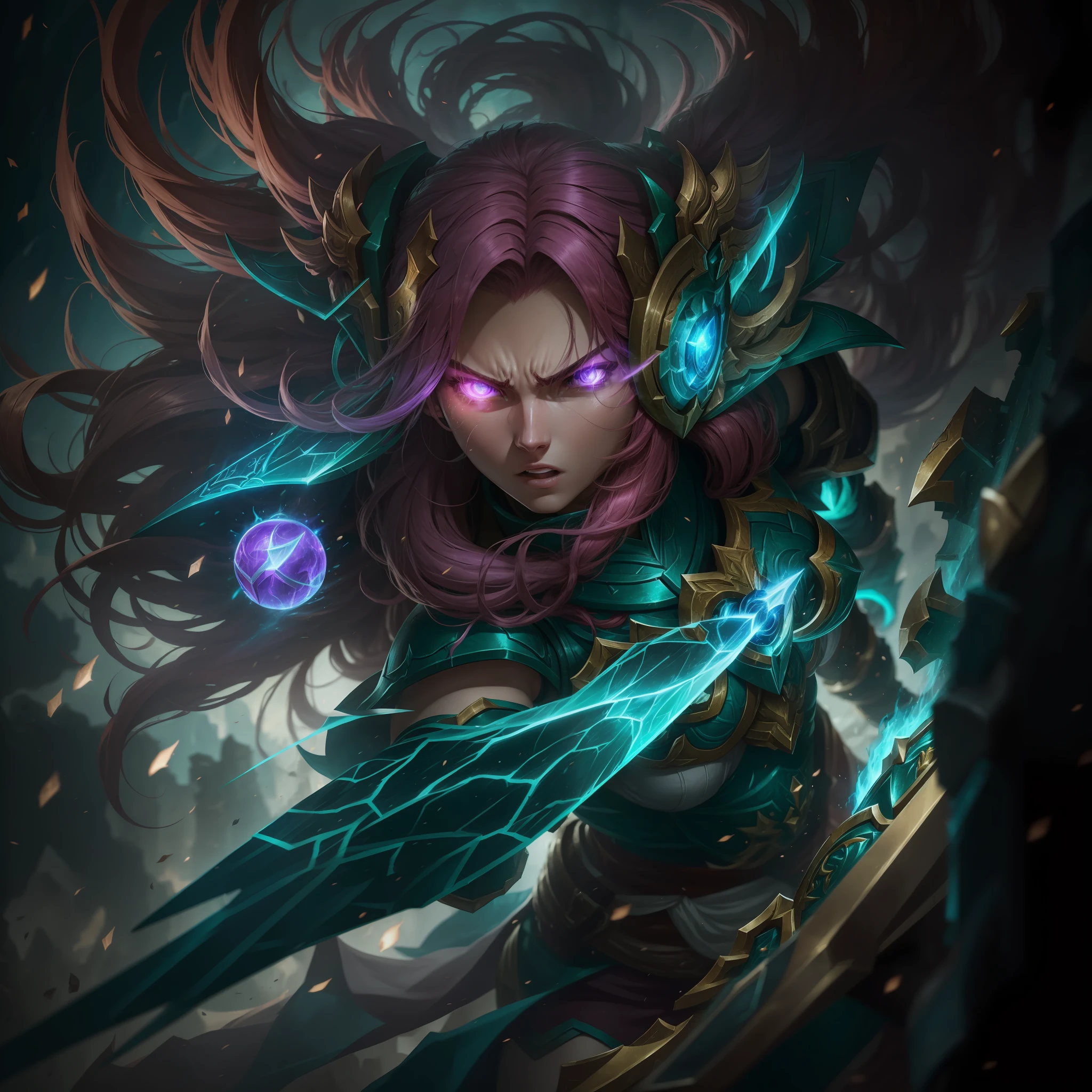 league of legends game, Leona, in the middle of a battle, shining armor, detailed body, expression of anger, perfect hair, defending a blow with the shield, war scenario, professional photography, fantasy