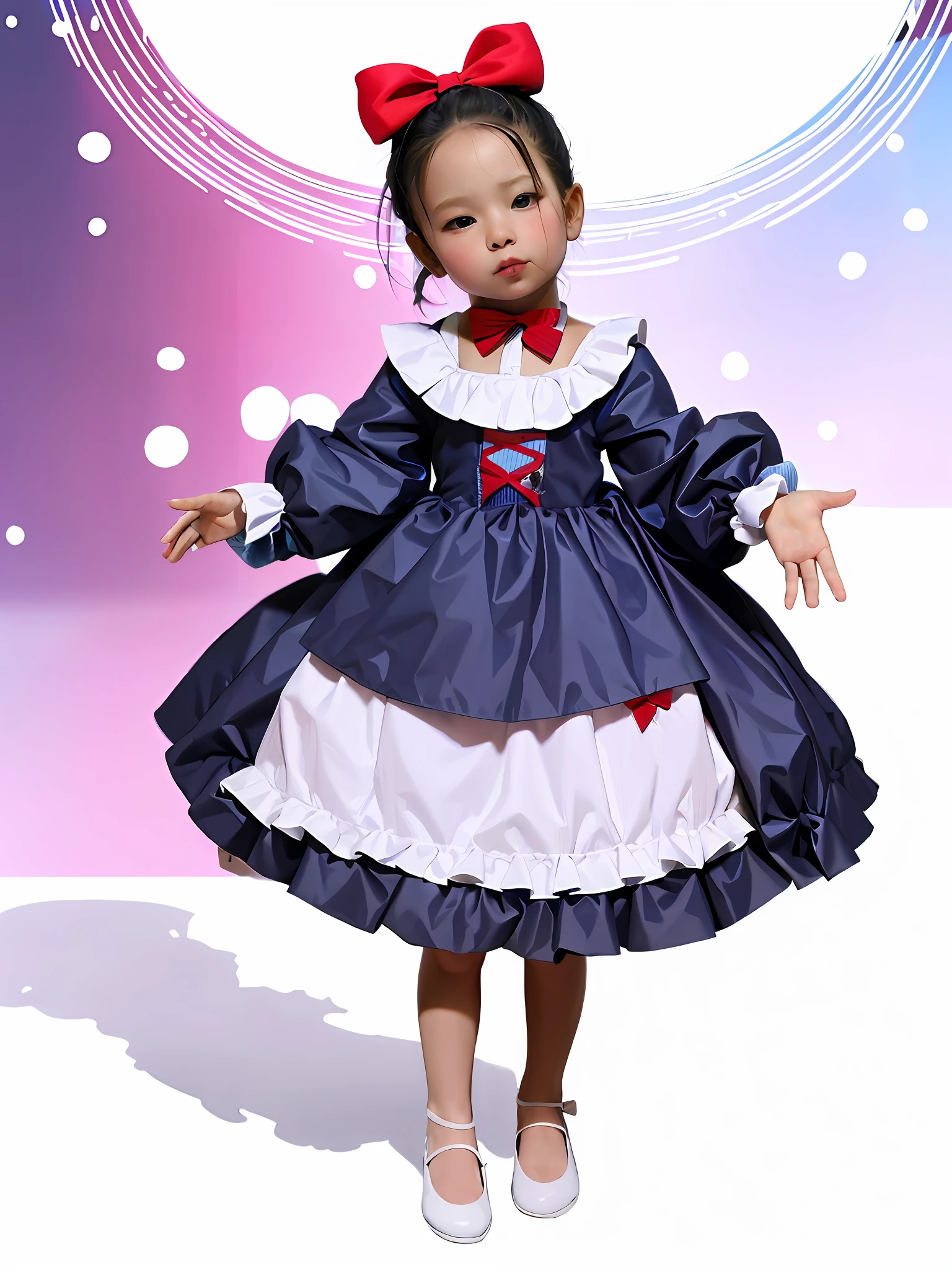 closeup of a doll with dress and bow, high quality costume, costume, snow white, ddler, realistic puppet, pale snow white skin, kid, cute pocelain doll, kid, high quality theater costume, full body with costume, disney character, authentic costume, full costume, plastic doll, doll, kid