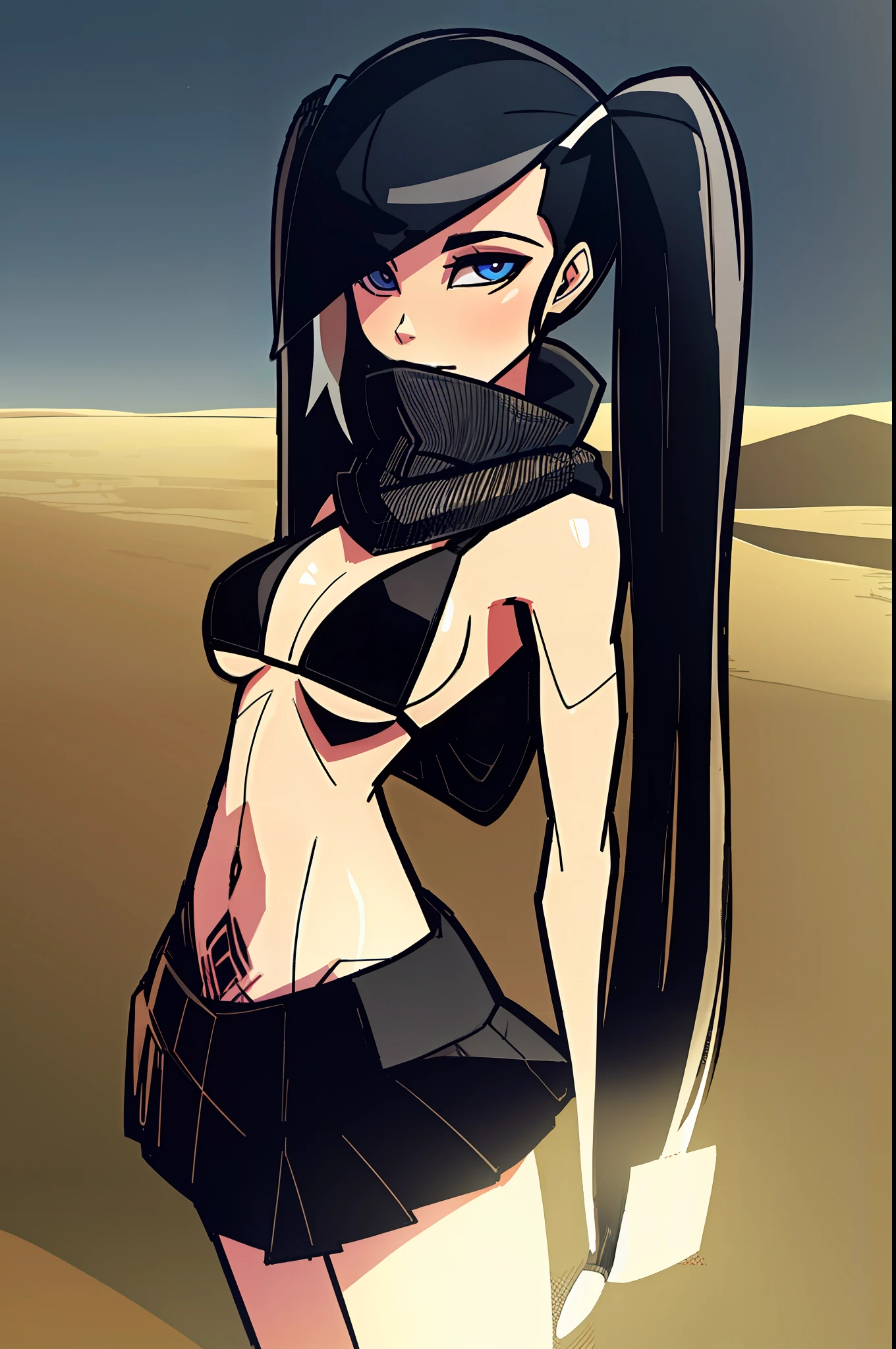 balsamique, masterpiece, best quality, 1girl, breasts, solo, desert, long black hair, twintails, white skin, blue eyes, medium bust, bikini top, black scarf, sandstorm, looking to the side, shading eyes, miniskirt, womb_tattoo, scarf over mouth, hair over eye, bangs, tiny waist, fishnet_suit