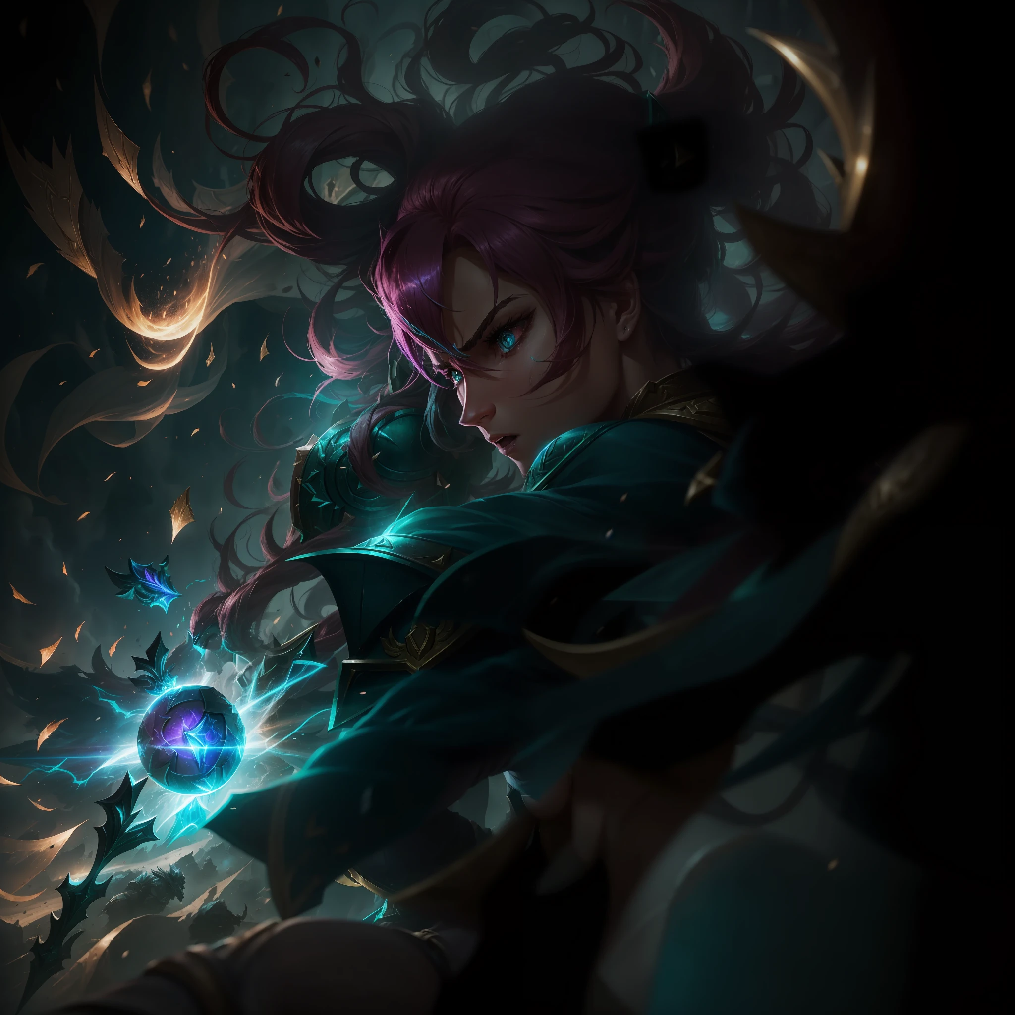 league of legends game, Leona, in the middle of a battle, shining armor, detailed body, expression of anger, perfect hair, defending a blow with the shield, war scenario, professional photography, fantasy