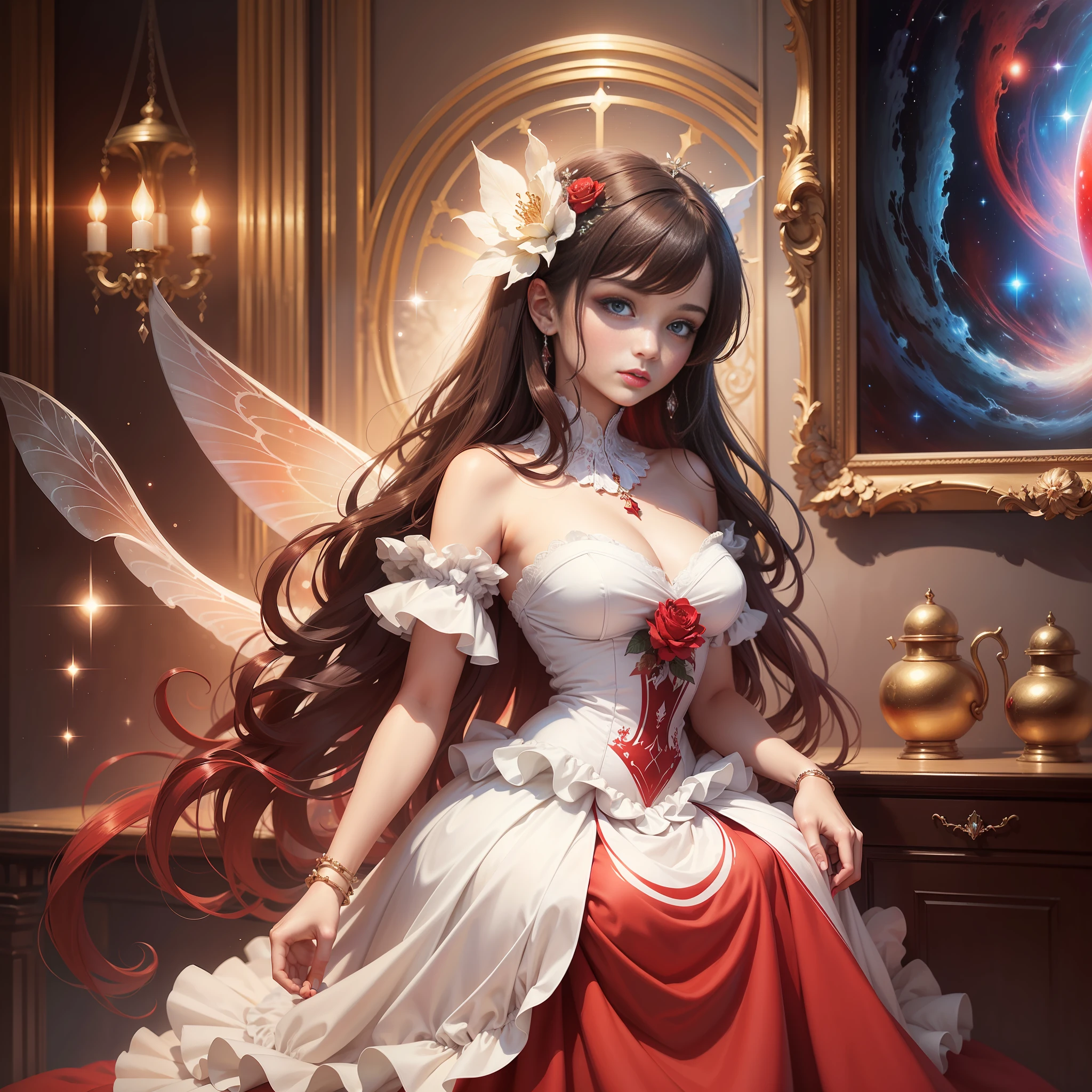 (Gorgeous painting, masterpiece) [ (red dress, white dress) :(1.2+1.2) ], (fairy), (mysterious charm), (dark background)*(0.8), (cosmic background)*(1.2)