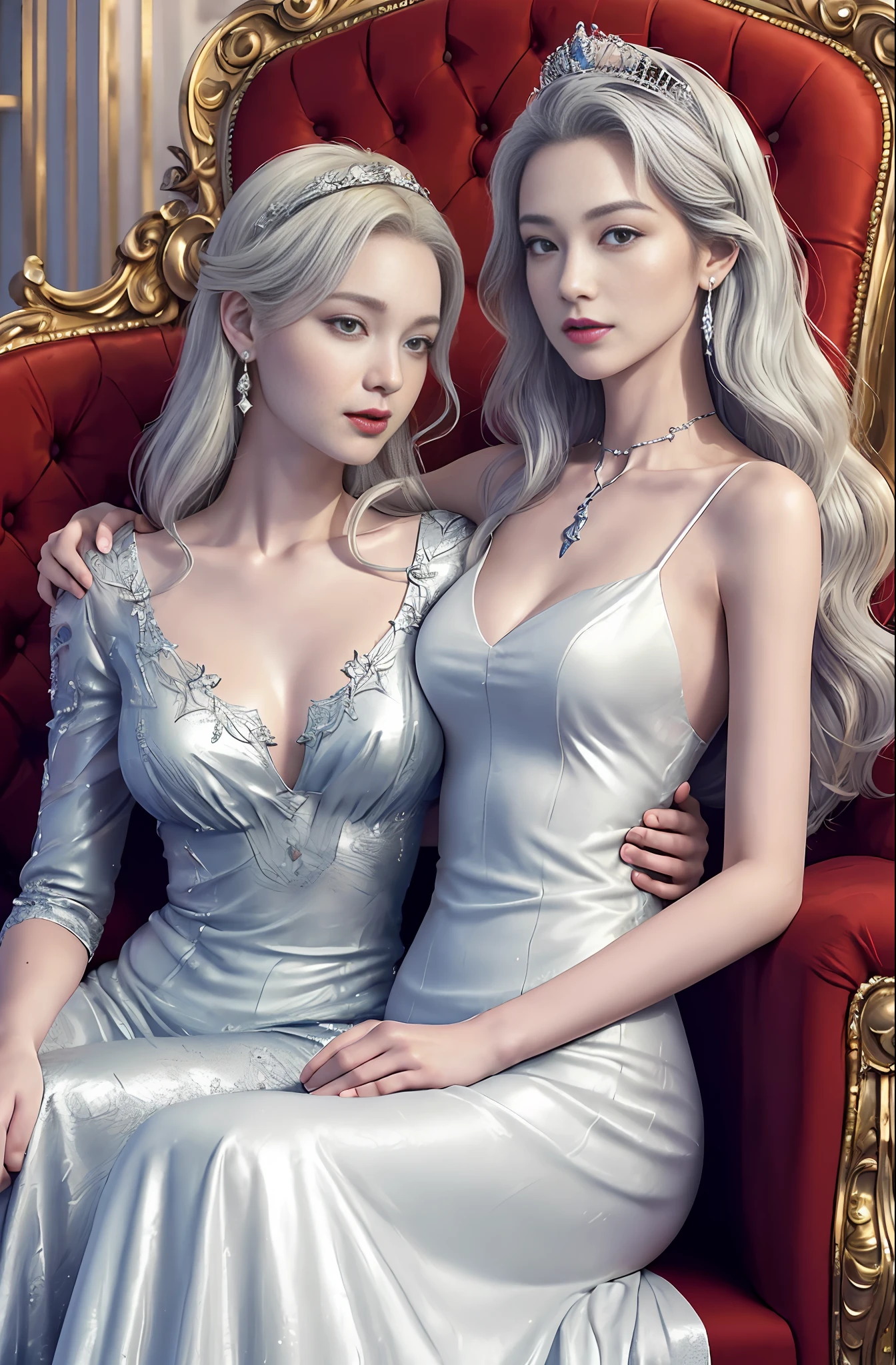 Best image quality, high resolution, 8K, realistic depiction in every detail, photorealism, two women, glamorous pope and slender princess knight sitting on a throne and embracing each other, (plump body pope, 30 years old, bewitching, long blonde hair, shiny skin, detailed description, large breasts, glamorous, luxurious crimson dress with embroidery, lust), (slender, princess knight, 18 years old, small breasts, abs, full proportions Beautiful face, neat face, silver hair, short, sharp eyes, chest exposed, basket hands), (partial skin exposure: 1.5), detailed and beautiful face