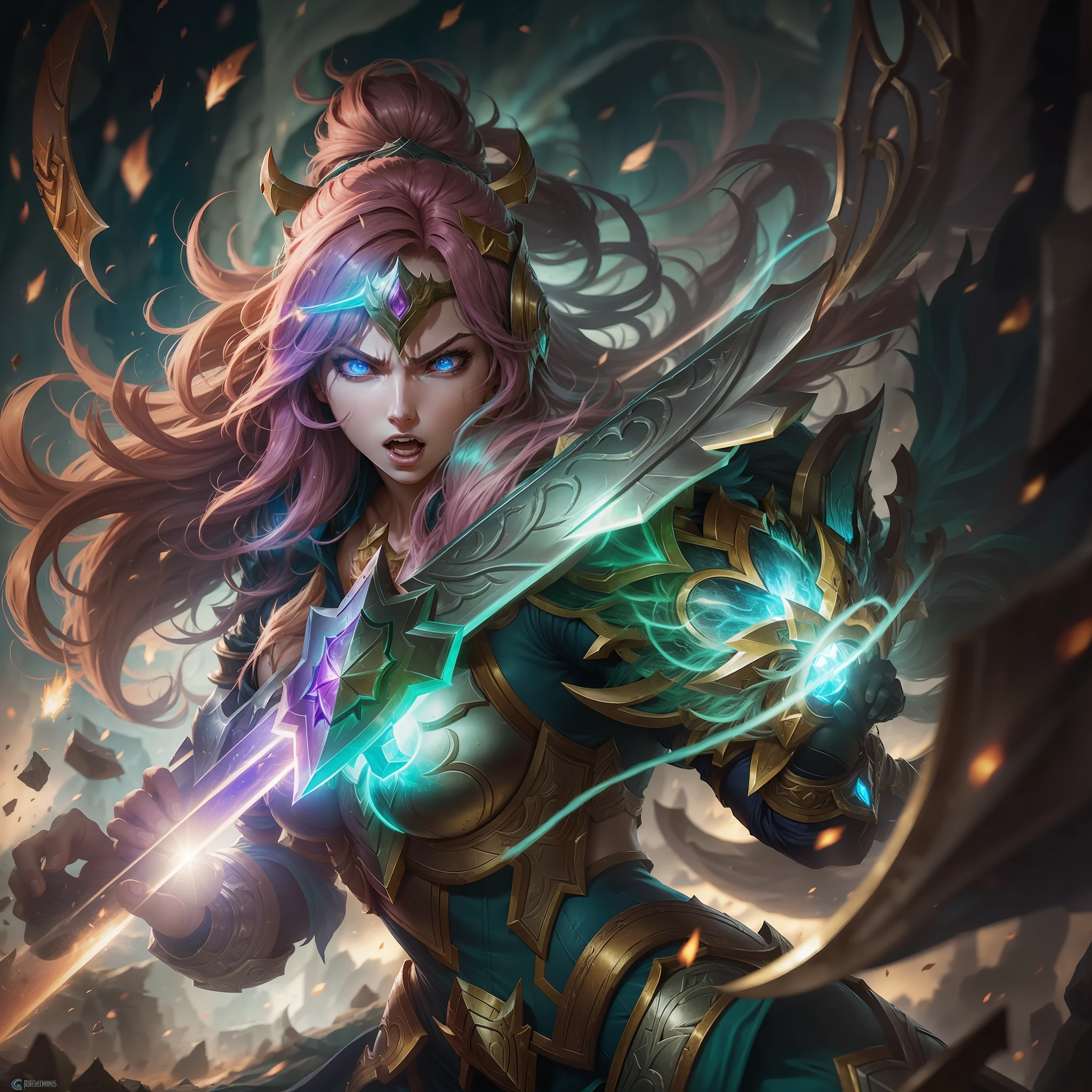 league of legends game, Leona, in the middle of a battle, shining armor, detailed body, expression of anger, perfect hair, defending a blow with the shield, war scenario, professional photography, fantasy