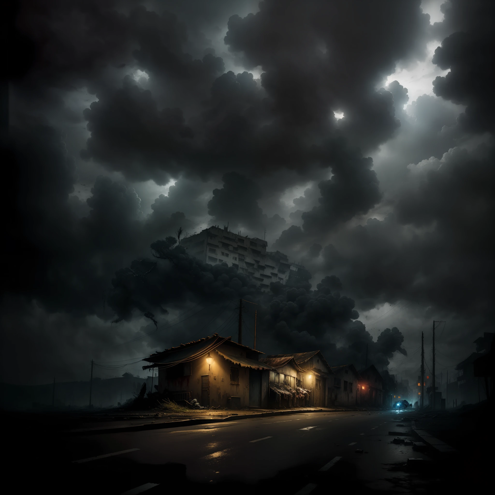dark scene, dark lighting, terror, a post-apocalyptic street, super detailed image, a girl with her relative lying in her arms, sad look, detailed body, sad scene, dark clouds of pollution, background mutant creatures attacking other people, blood by the scenery, professional photography, realistic