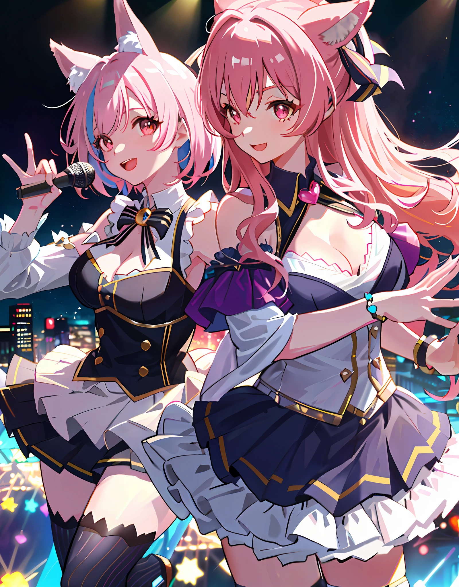 Dynamic angle, 8k, thick paint, upper body, 2 girls, smile, wolf ears, wolf tail, pink eyes, hair between the eyes, striped hair, striped hair, (Colorful hair color: 1))))), (((Random hair color: 1)))), variegated hairstyle: 1, D cup, cleavage, noble, delicate clothes with lots of ruffles and ribbons, mini skirts, love live outfits, Idolmaster costumes, jewels, (on the large AI stage))), singing on the AI stage, holding the microphone with the left, best live, professional lighting, concerts, guerrilla live, ((get the city of Shibuya in the background, lots of customers)), (panty shot, cute panties)