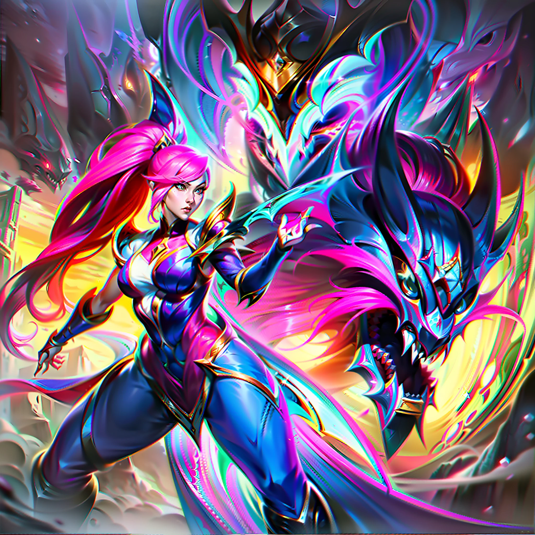 anime - style artwork of a woman with a sword and a dragon, concept art by Yang J, Artstation contest winner, fantasy art, league of legends splash art, anime epic artwork, league of legends concept art, riot games concept art, league of legends character art, league of legends art, extremely detailed artgerm, concept art | artgerm