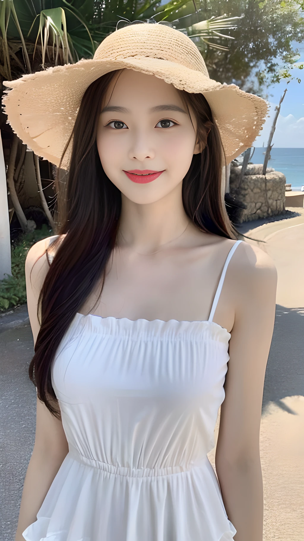 ((Best Quality, 8K, Masterpiece: 1.3)), (Sunscreen Straw Hat: 1.3), Focus: 1.2, Perfect Body Beauty: 1.4, Buttocks: 1.2, (Layered Haircut: 1.2)), (Dark Street: 1.3), Highly detailed face and skin texture, Full body, Delicate eyes, Double eyelids, Whitened skin, Long hair, (Round face: 1.5), (French dress: 1.6). Smile by the sea