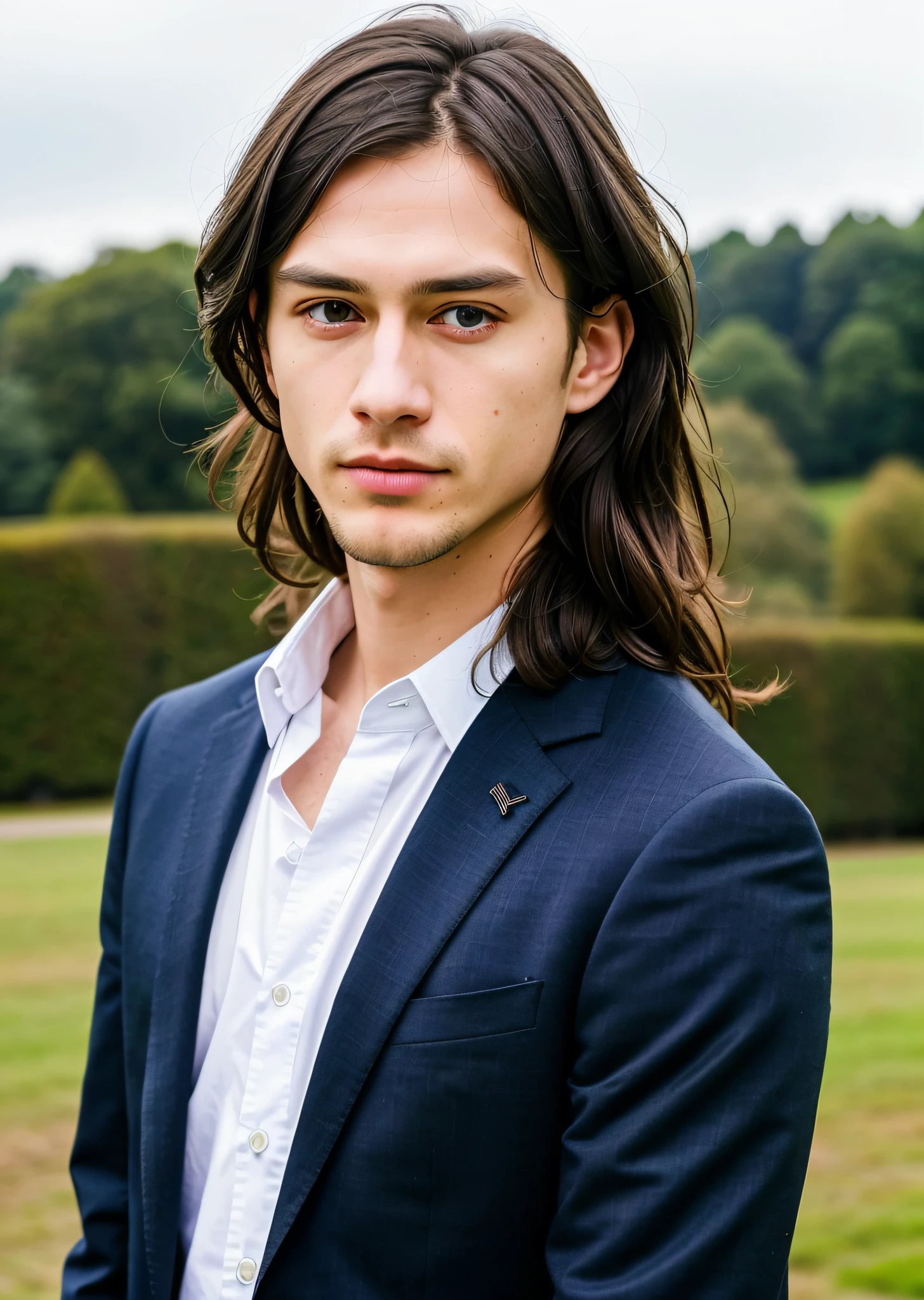 ulzzang-6500-v1.1, (Raw photo:1.2), (Photorealistic:1.4), Amazing insanely handsome Caucasian man raw photo, Very detailed eyes and face, Beautiful detailed eyes, Wavy beautiful hair, Huge file size, Ultra detail, High Definition, Very detailed, Best quality, Masterpiece, ((Trendy clothes)), Reality, Real, Unity, 8k wallpaper, Fashionable hairstyle, wearing a suit, standing motionless in beautiful countryside, (black suit) (Lighting - Fri: 1.2) Background details of foreground objects (Masterpiece: 1.2) (Photorealistic: 1.2) (Bokeh: 1.2) (Best Quality) (Color Grading) (Detailed Skin: 1.3) (Complex) (8k) (HDR) (Movie Lighting: 1.3) (Sharp Focus), Lustrous skin, facing forward