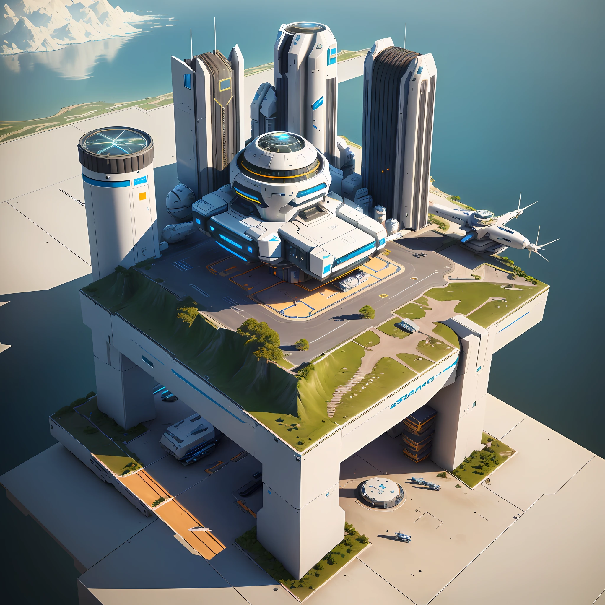 SLG game, 45 degrees from top down, there is a small building with a tower on it, a futuristic outpost building, an isometric futuristic game, and a sci-fi building. Isometric view, isometric futuristic architecture, futuristic spaceport, futuristic crafting facility, futuristic base, spaceship hangar, futurism. Game CG, isometric game assets, 3D rendering of a sci-fi spaceport
