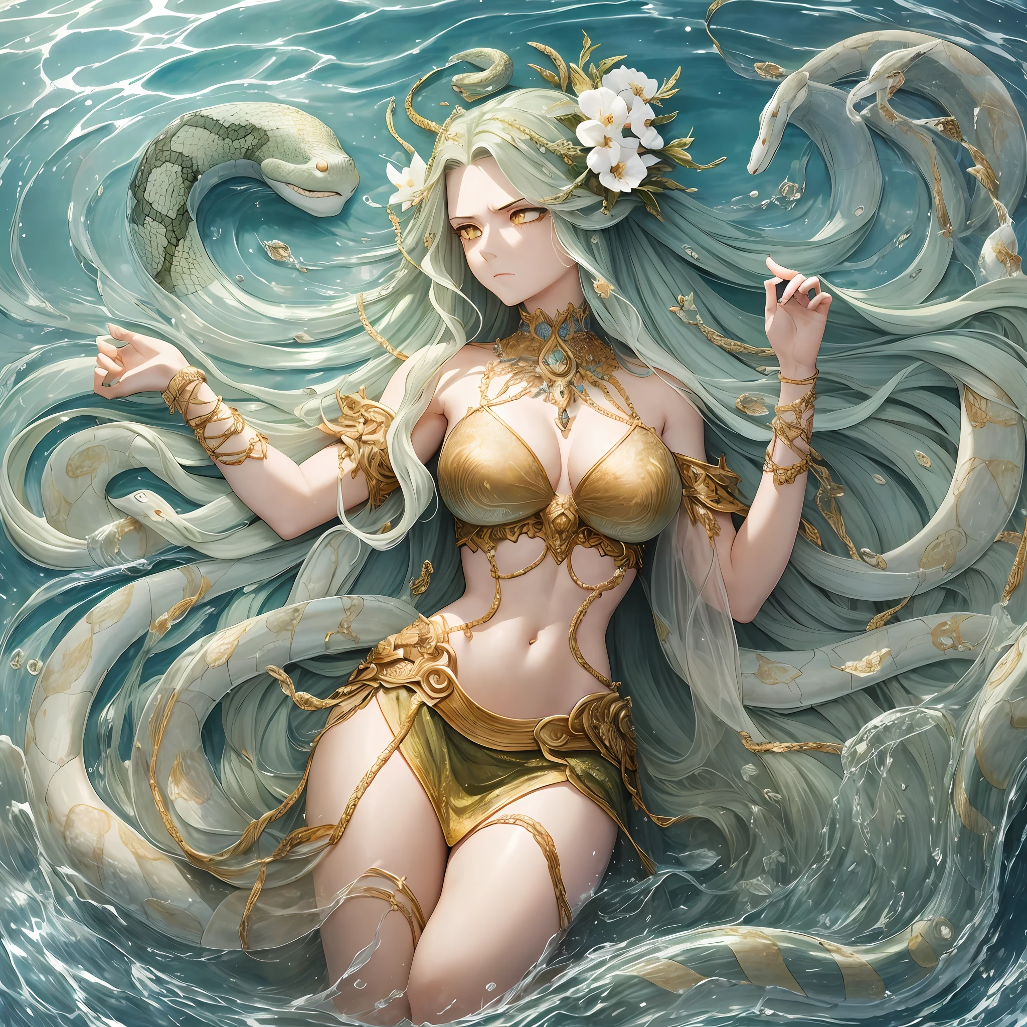 Aesthetic, extreme detail, natural state, (reflecting Medusa's ultra-detailed sea surface, angry and hateful muscular white stone statue), (long grass green hair + snake hair: 1.2), (red and white eyes: 1.1), precious jewelry decoration, gold feather light skirt, (main female background: complex emotions), writing fantasy scenes, sea waves, the water surface reflected by the sun, flowing and light, pleasant. --auto --s2