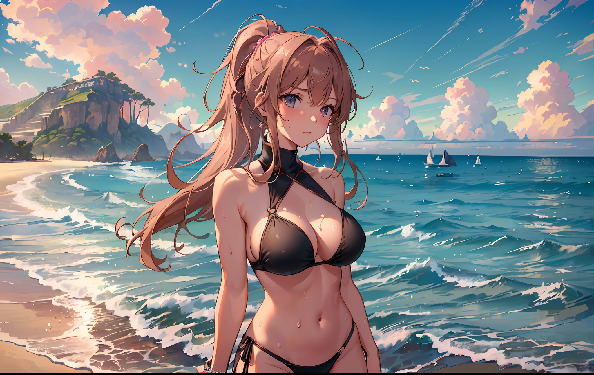 ((Best Quality: 1.4), (Unparalleled Masterpiece), Vast Landscape Photography, Girl Standing On The Beach, Character 0.5, Highly Detailed 8k CG Unit, Sun Glare, Bokeh, Depth of Field, Blue Sky, Pink Bikini, Ponytail, Sky, Light Brown Hair, Curvaceous, Sweaty, Clouds, 、、,, Beach, Sea, Sunlight,