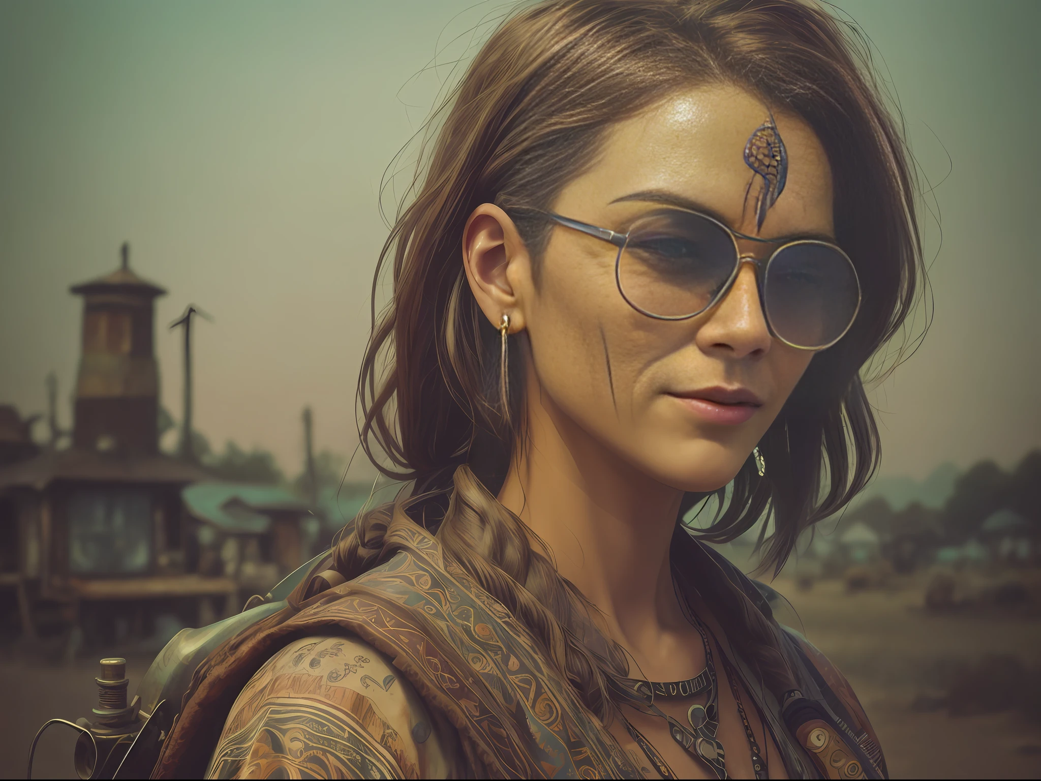 bohoai, 1 beautiful woman, sad, diesel grease, medium close up photo, wrench, (aviator glasses on forehead), mechanical parts, sad, coy smile, handyman, rusty, outdoors, surreal, atmospheric, cinematic , stylized, contrast, funny, creepy, (8K, UHD: 1.2), (photorealistic: 1.2),