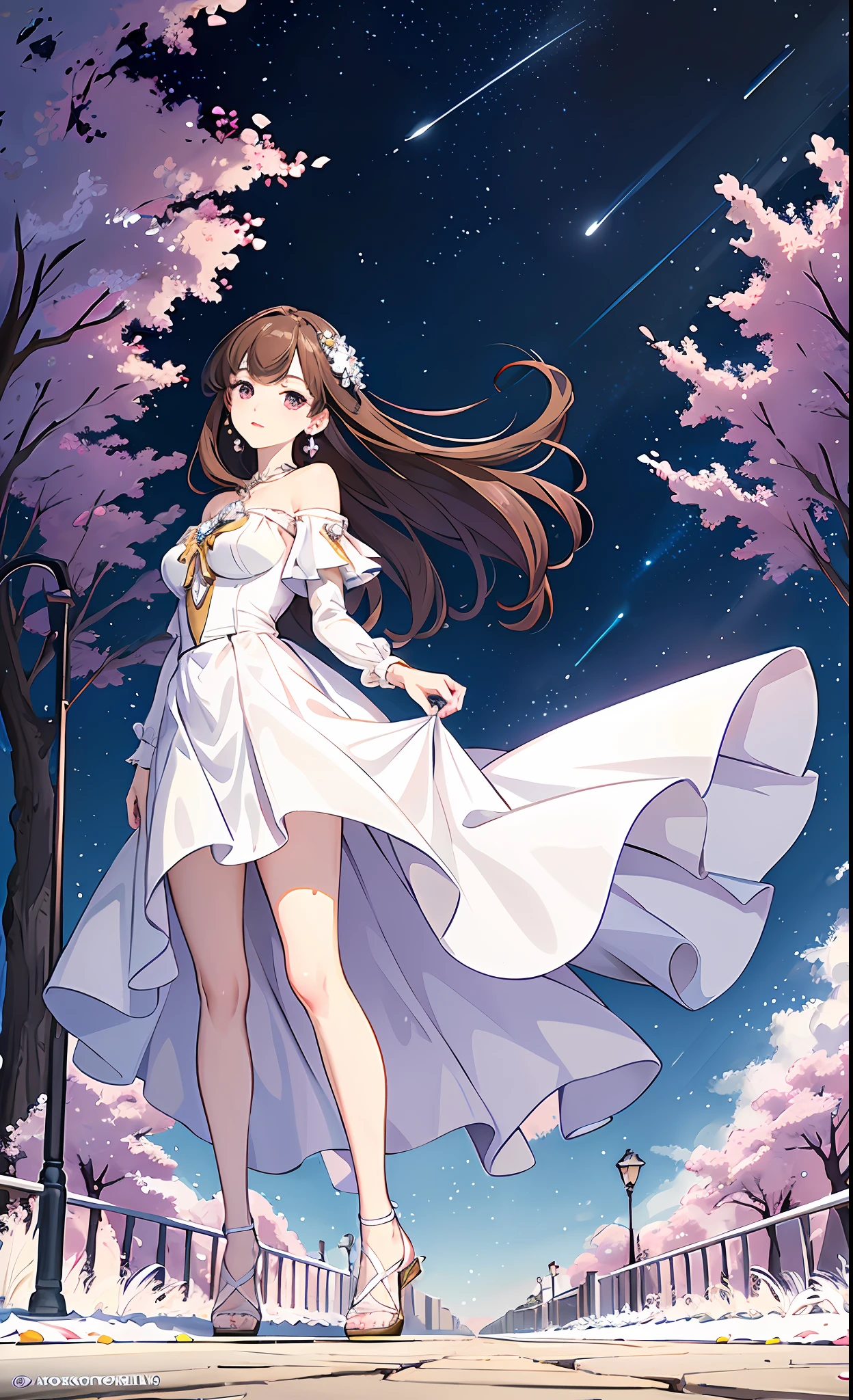 (8K, Masterpiece, Top Quality, Best Quality, Official Art, Beautiful and Aesthetic:1.2),City, Street Light, Full Body, White Dress, Mature Girl, Purple Eyes, Brown Hair Color, Floating Hair, Delicate and Flexible Eyes, Pearl Earrings, Masterpiece, Blue Sky, Petals Flying, Side Light, Sunlight to People