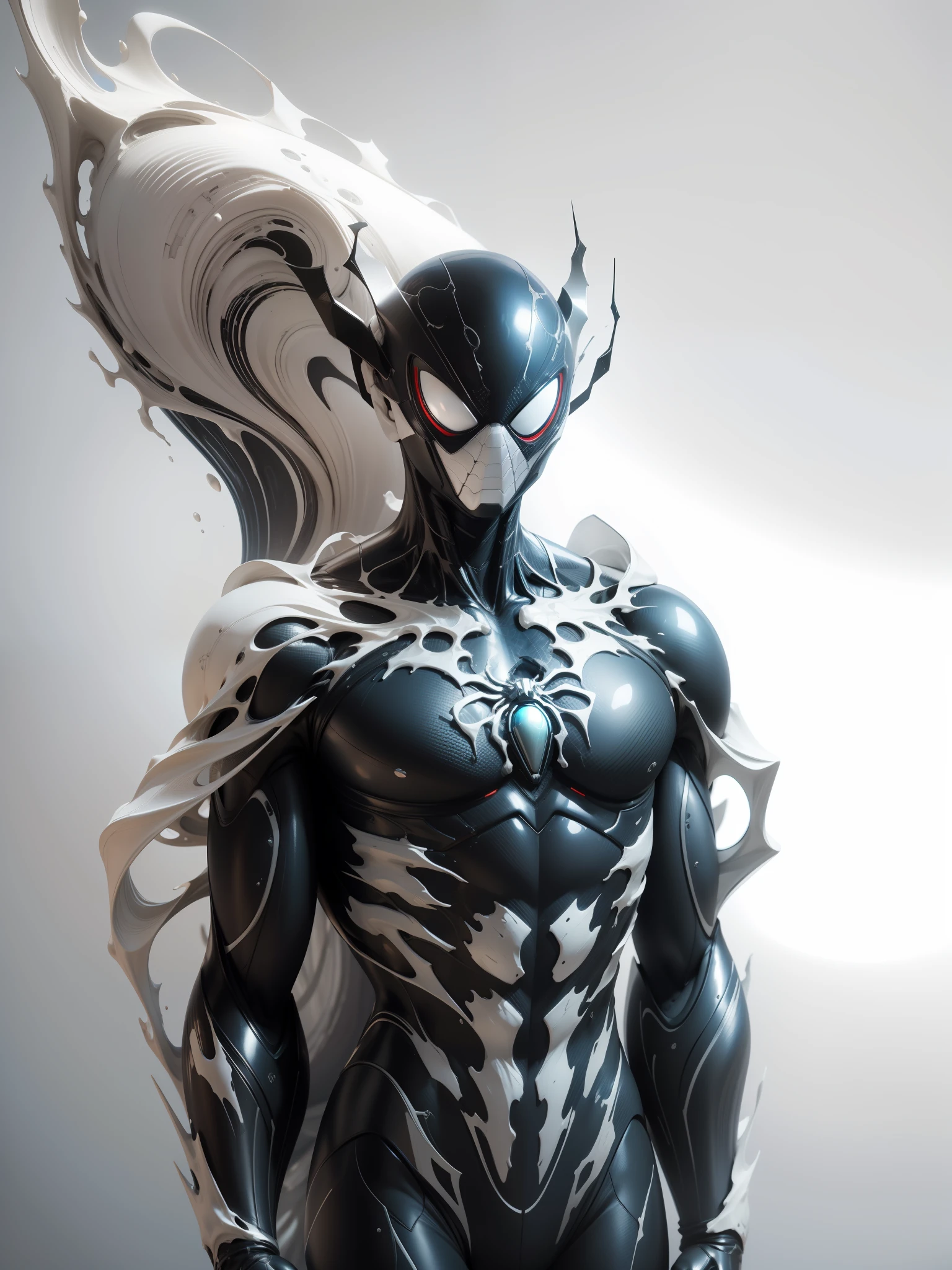 (8k, foto RAW, melhor qualidade, obra-prima: 1.2), ultra detalhado, arte oficial, foto-realista: 1.37, spider man, black suit, spider in the center of your chest in white, organic looking clothing, gooey testura, symbiote, white eyes, fine art, PS5 cinematic screenshot,highly detailed detailed cinematic rendering, ultra photorealistic raytricing, with cinematic lightingpose de ação