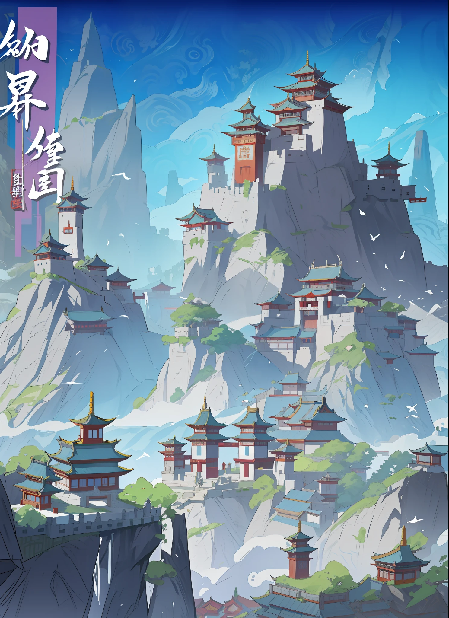 there is a picture of a cartoon style scene of a mountain town, mobile game background, mountain fortress city, temple background, g liulian art style, background art, xianxia fantasy, onmyoji detailed art, ancient city landscape, heise jinyao, background artwork, ancient city of white stone, anime background art, cyberpunk chinese ancient castle