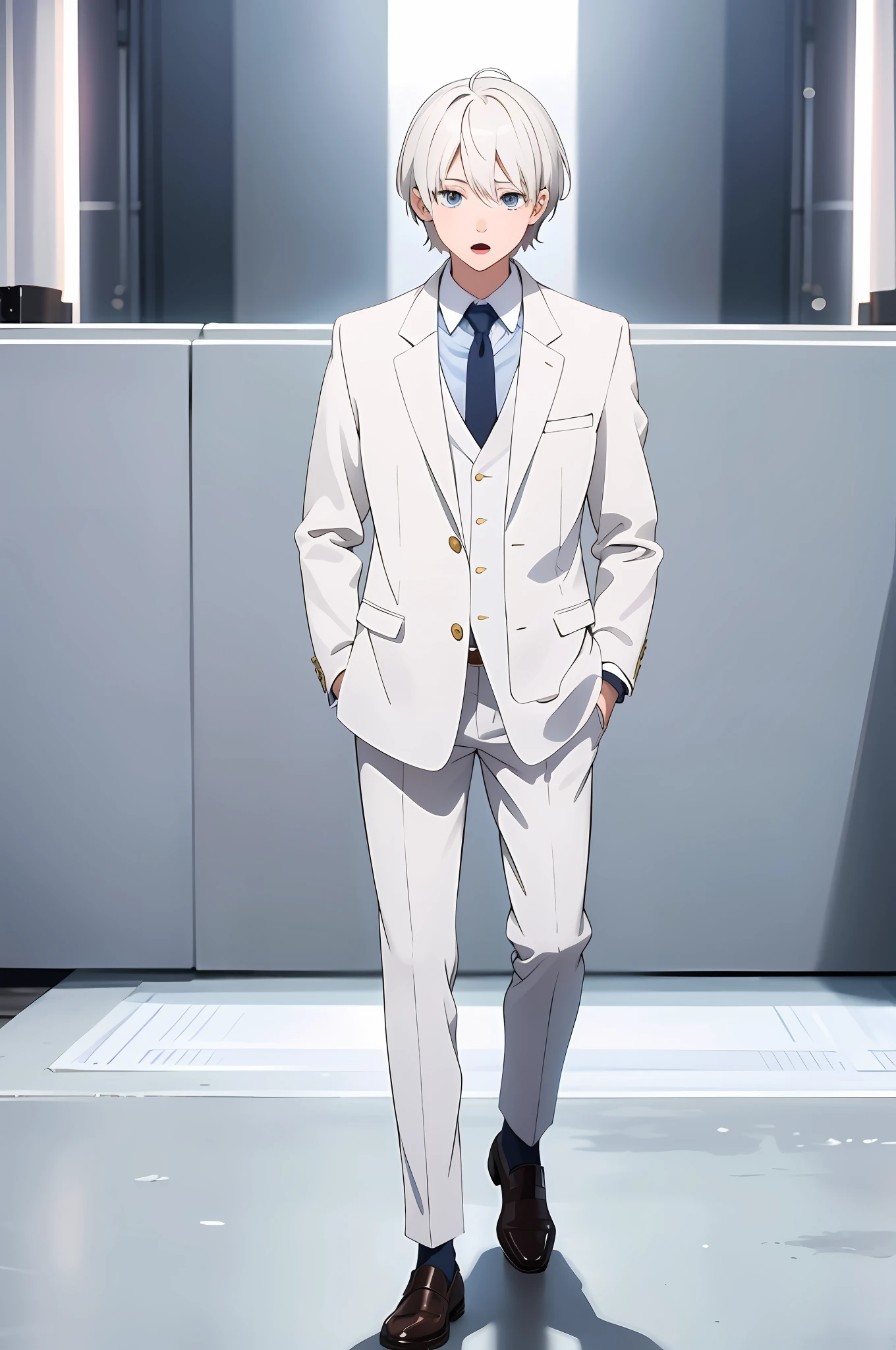 Masterpiece, best quality, 1 boy, standing, full body, blissful, soft, ultra clear, hd image, (front), (white background)), light white hair, short hair, open mouth, school uniform blazer