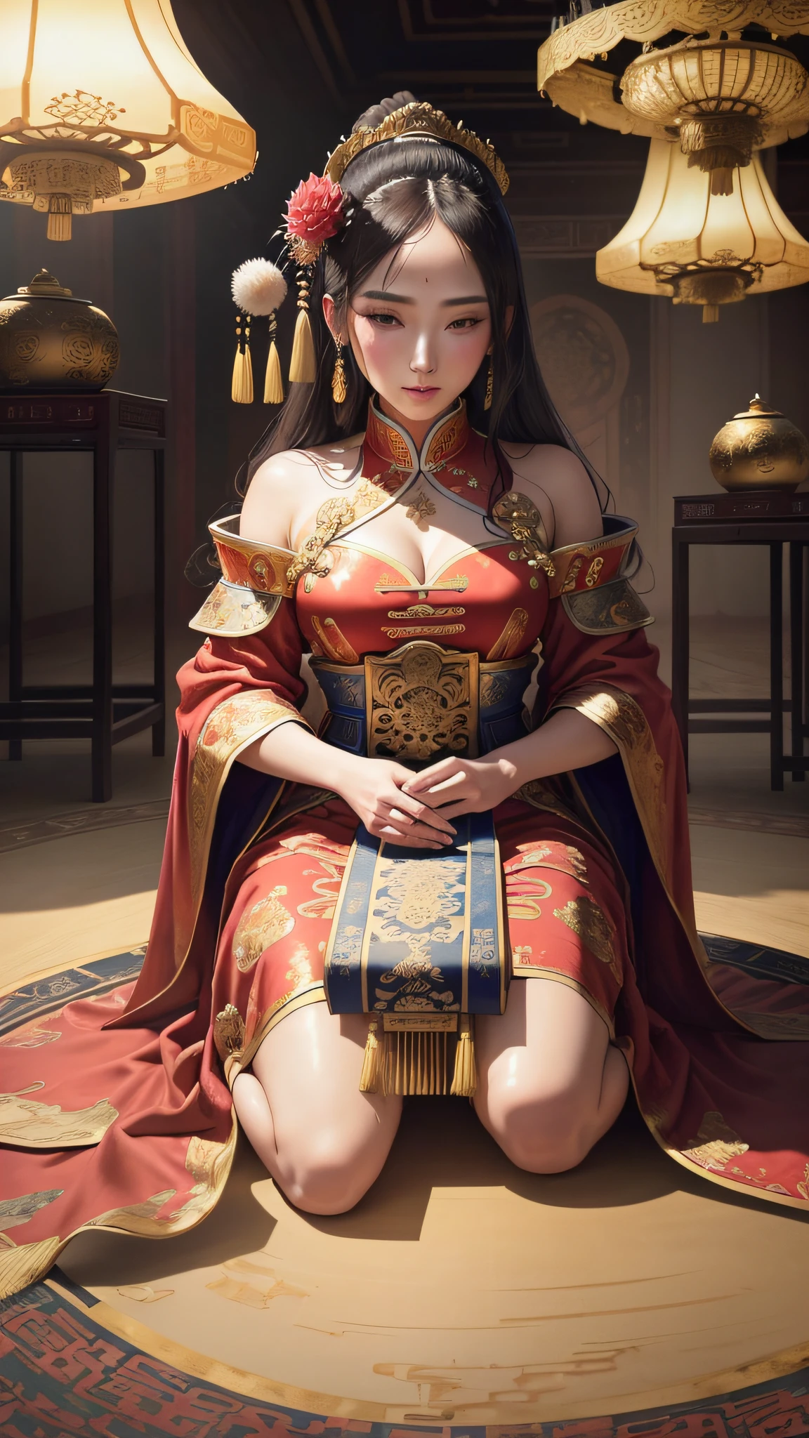 In the real scene, the ancient Chinese palace is located above the clouds, in the main hall of the royal palace, the emperor is sitting on the throne, wearing a luxurious ancient costume with a majestic face. Surrounded by concubines, craftsmen kneeling in front of them, magnificent, glazed tiles, colorful light, (((splashed ink)), ((splashed ink}), masterpiece, high quality, exquisite graphics, high detail: