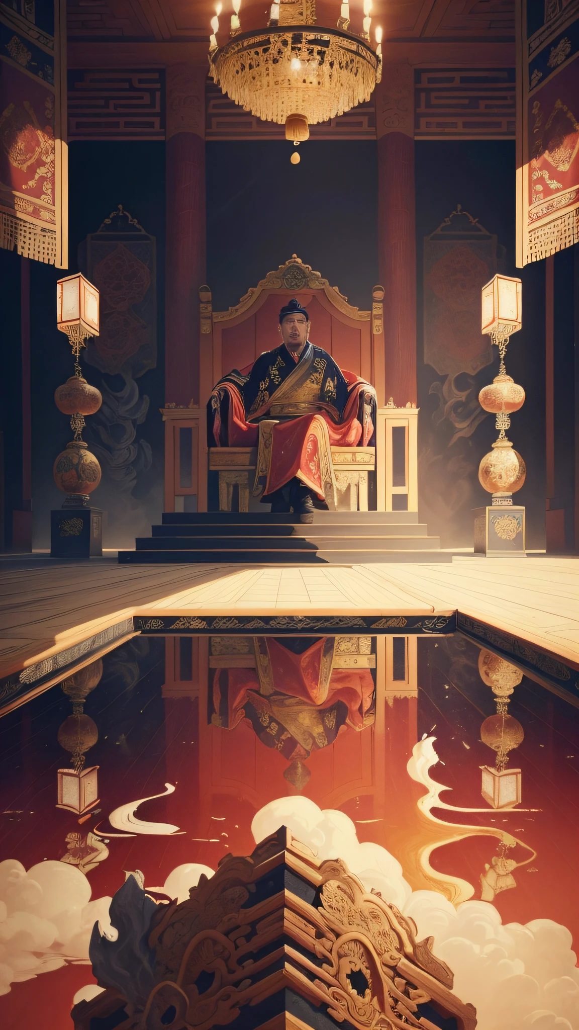In the real scene, the ancient Chinese palace is located above the clouds, in the main hall of the royal palace, the emperor is sitting on the throne, wearing a luxurious ancient costume with a majestic face. Surrounded by concubines, craftsmen kneeling in front of them, magnificent, glazed tiles, colorful light, (((splashed ink)), ((splashed ink}), masterpiece, high quality, exquisite graphics, high detail: